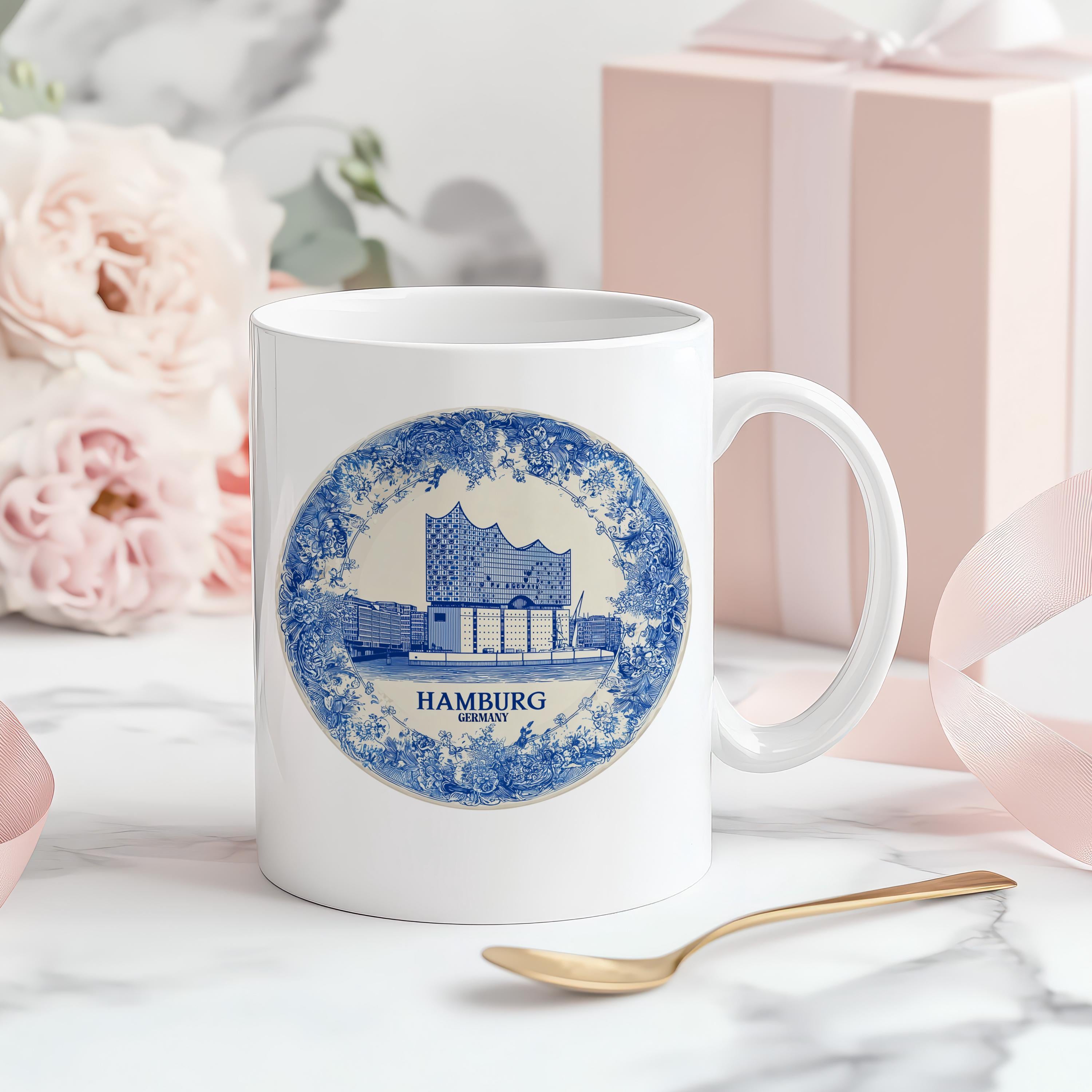 Hamburg Germany Mug, Custom Delft Style cup, Personalized Vintage Travel City Gift