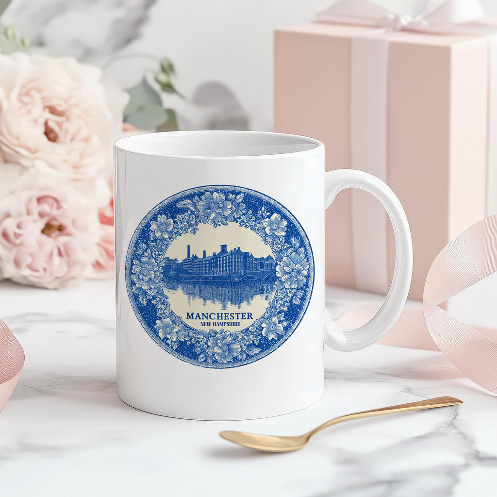 Manchester New Hampshire Mug, Custom Delft Style cup, Personalized Vintage Travel City Gift