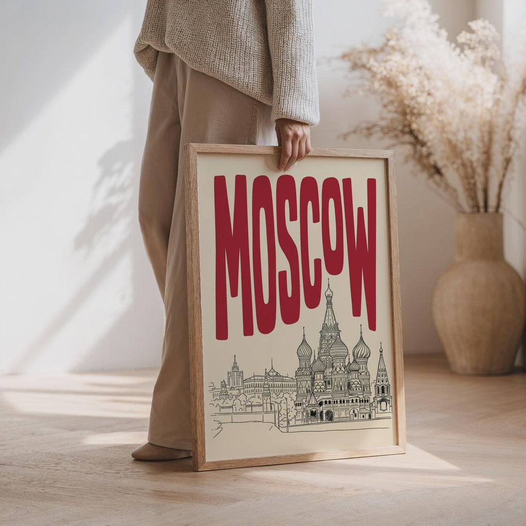 Moscow Skyline Wall Art, Framed Canvas Print, Retro Travel Poster Decor