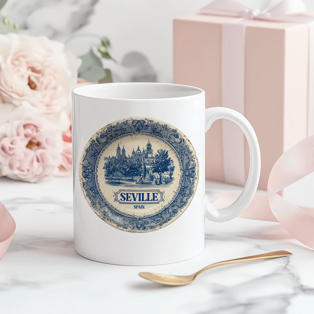 Seville Spain Mug, Custom Delft Style cup, Personalized Vintage Travel City Gift