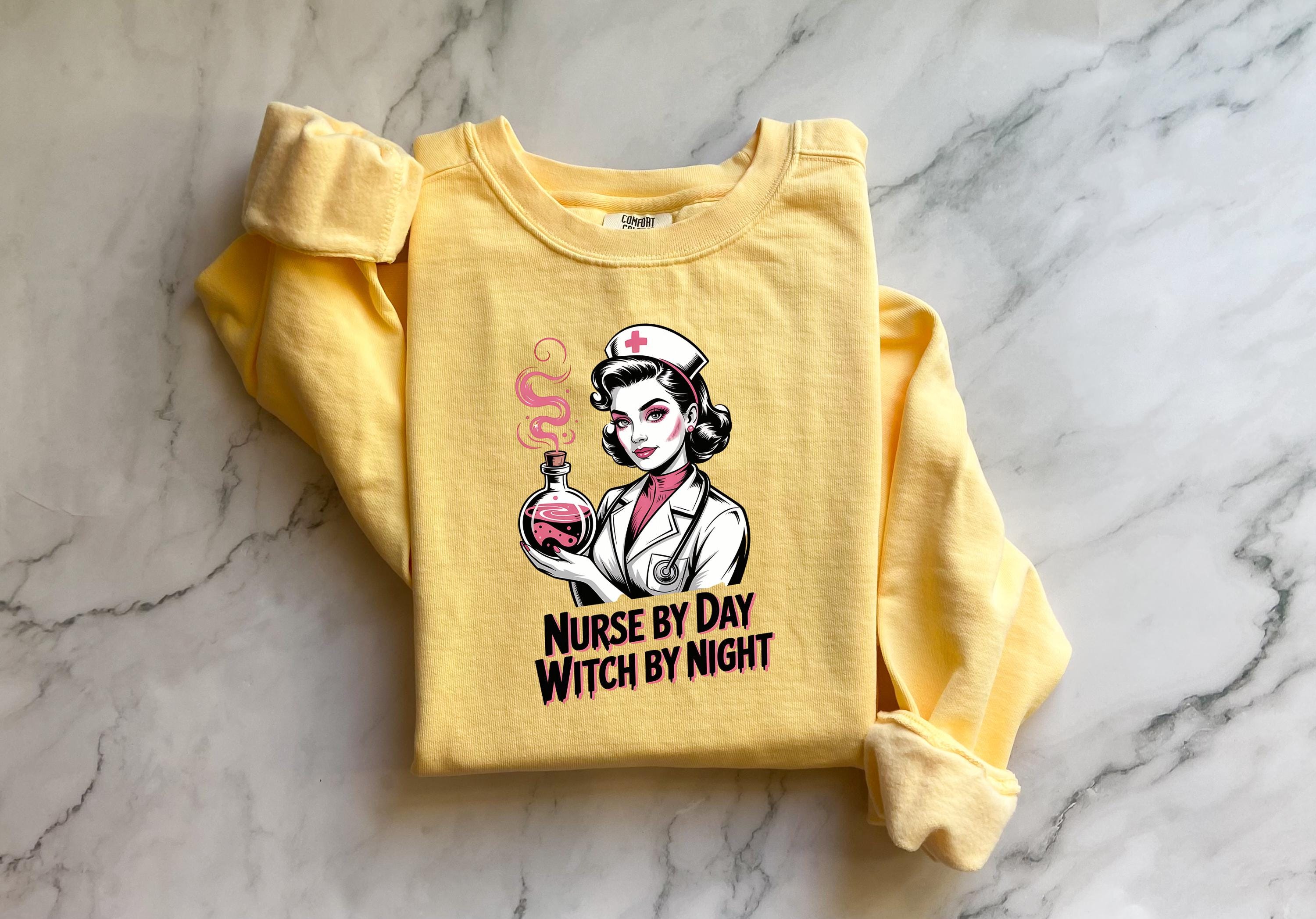 Nurse by Day Witch by Night Halloween Nurse Sweatshirt, Spooky RN Fall Top Cozy Autumn Pullover, Cute Retro Gift for Nurse