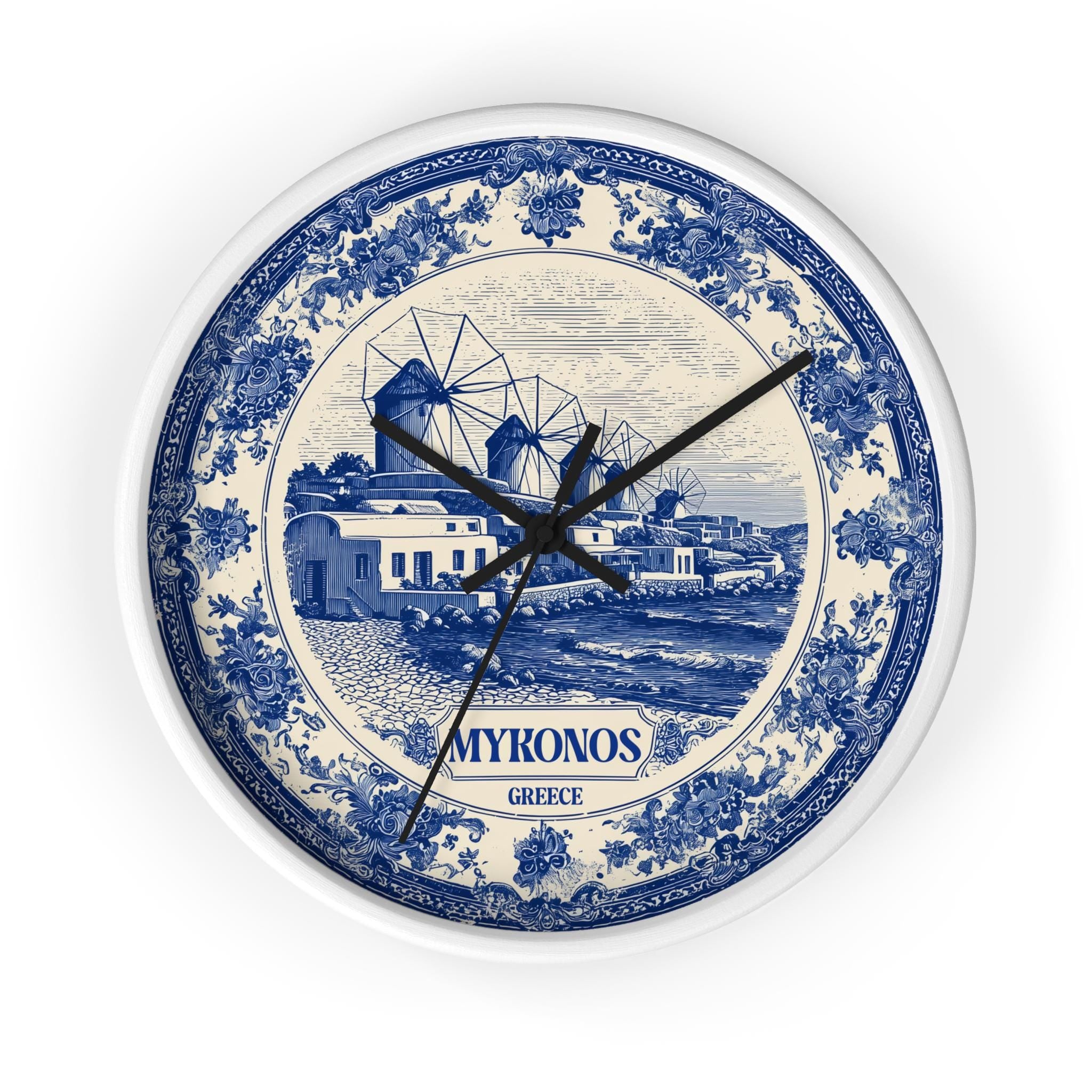 Mykonos Greece Wall Clock, Delf style Home Decor, Vintage City Travel Keepsake Art