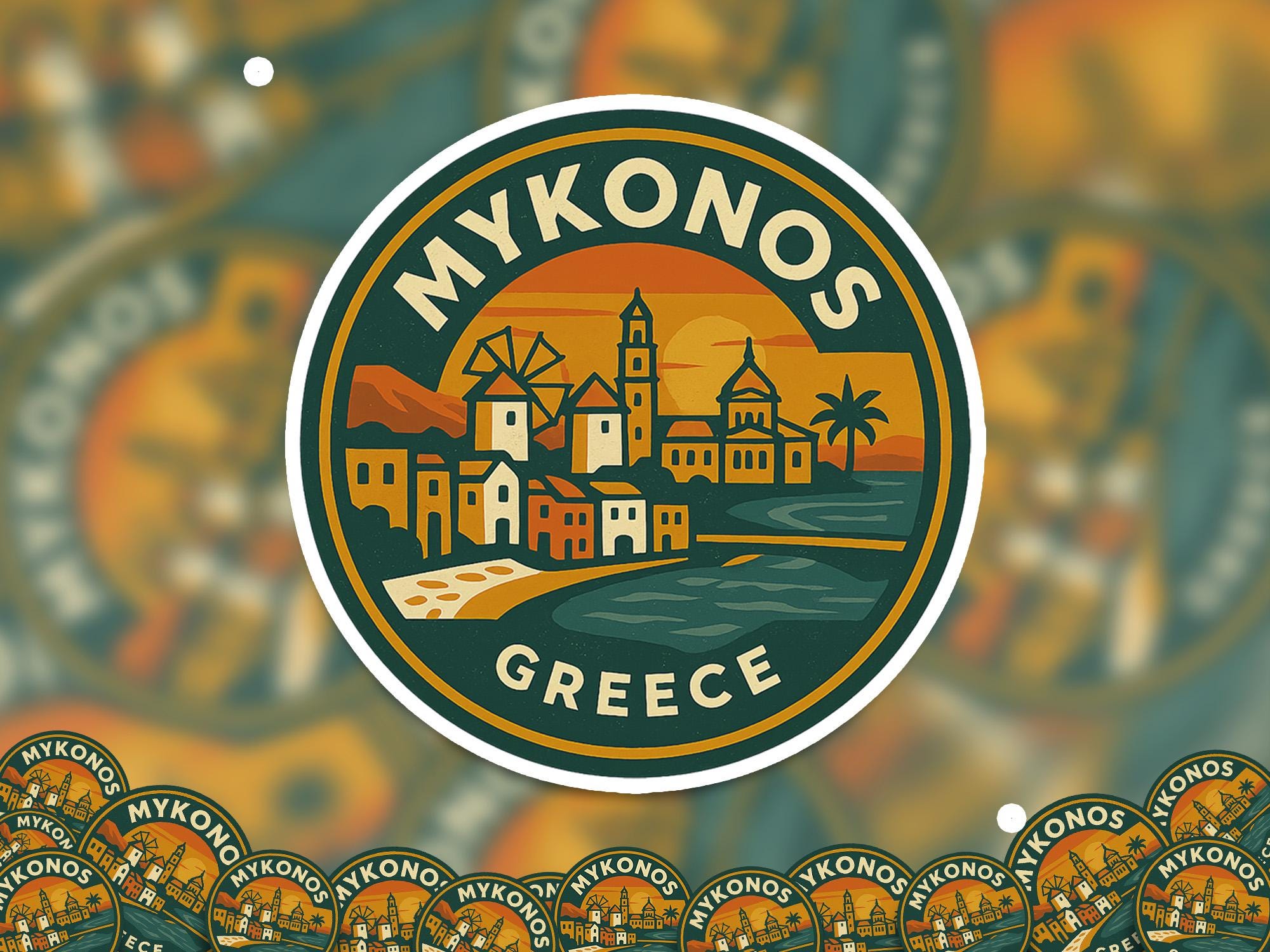 Mykonos Greece Sticker Kiss-Cut Vinyl, Waterproof Decal, Retro Travel Lover Collection