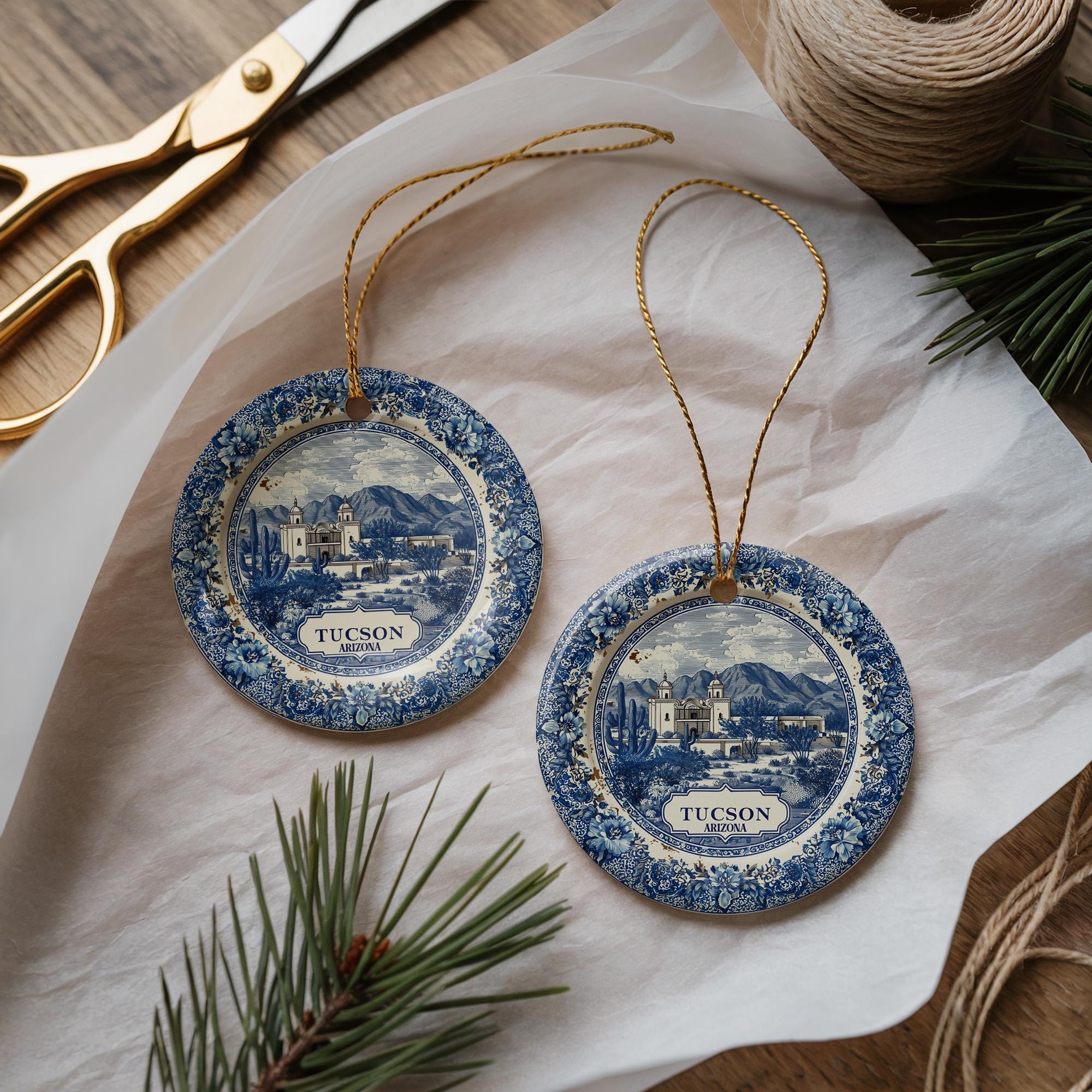 Custom Tucson Arizona Ceramic Delft Ornament, Christmas Delftware Blue Delftware city travel
