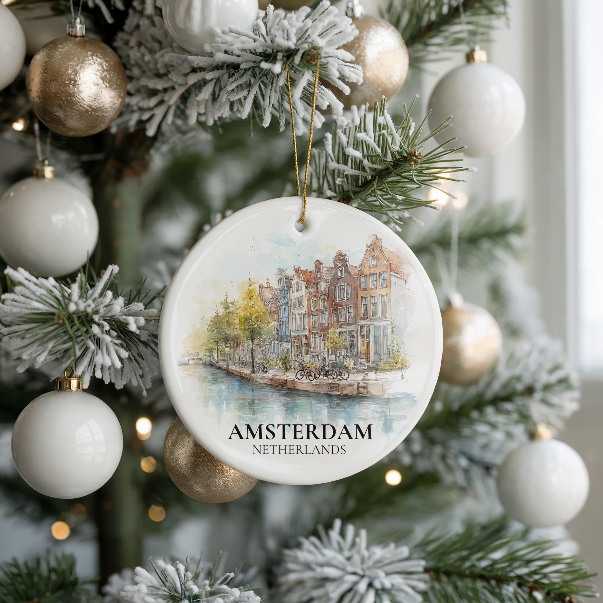 Amsterdam Netherlands Personalized Watercolor Ornament, Custom Ceramic Christmas gift, Travel Keepsake