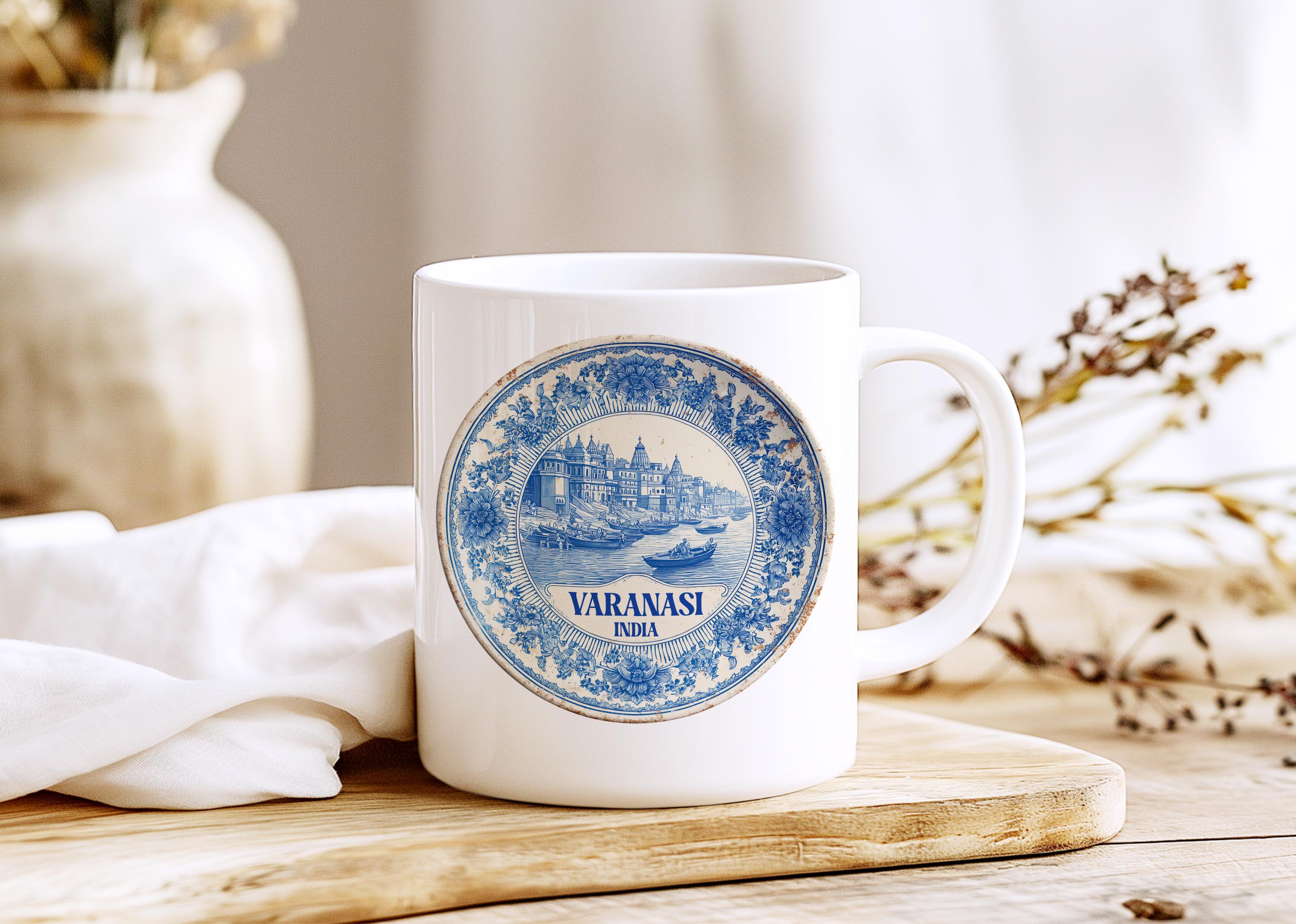 Varanasi India Mug, Custom Delft Style cup, Personalized Vintage Travel City Gift