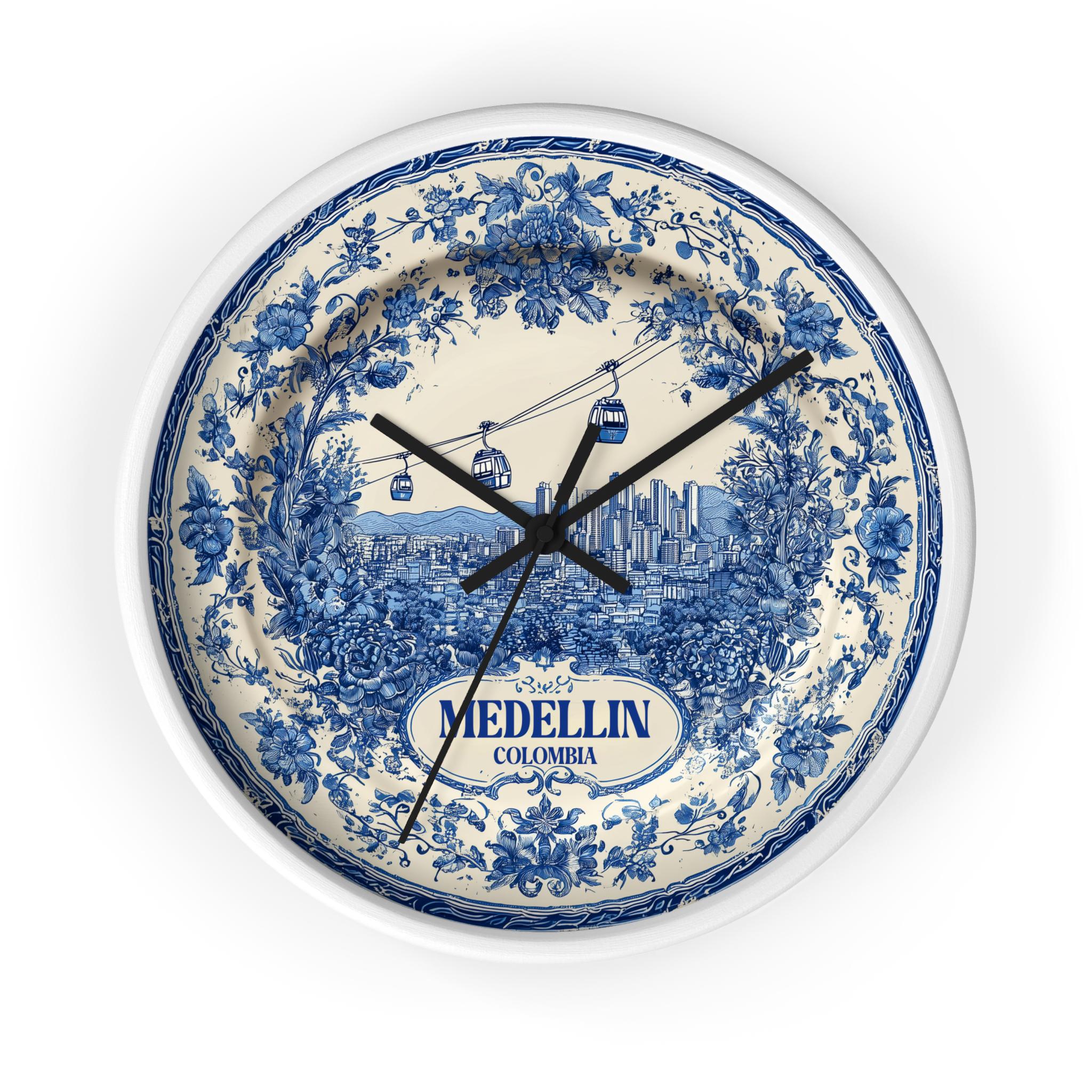 Medellin Colombia Wall Clock, Delf style Home Decor, Vintage City Travel Keepsake Art