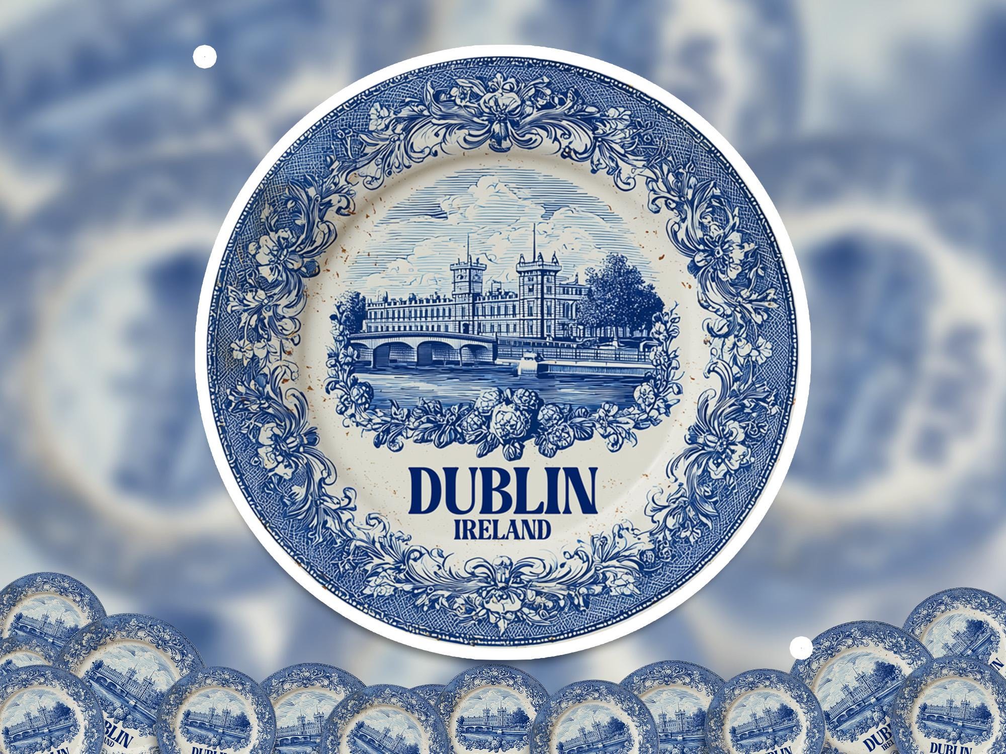 Dublin Ireland Sticker Vintage Delft style, Delftware Decal Waterproof Vinyl, Blue City Travel
