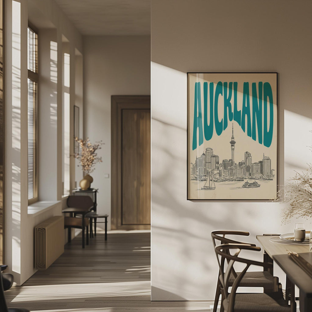 Auckland Skyline Wall Art, Vintage Travel Poster, New Zealand Harbor Print
