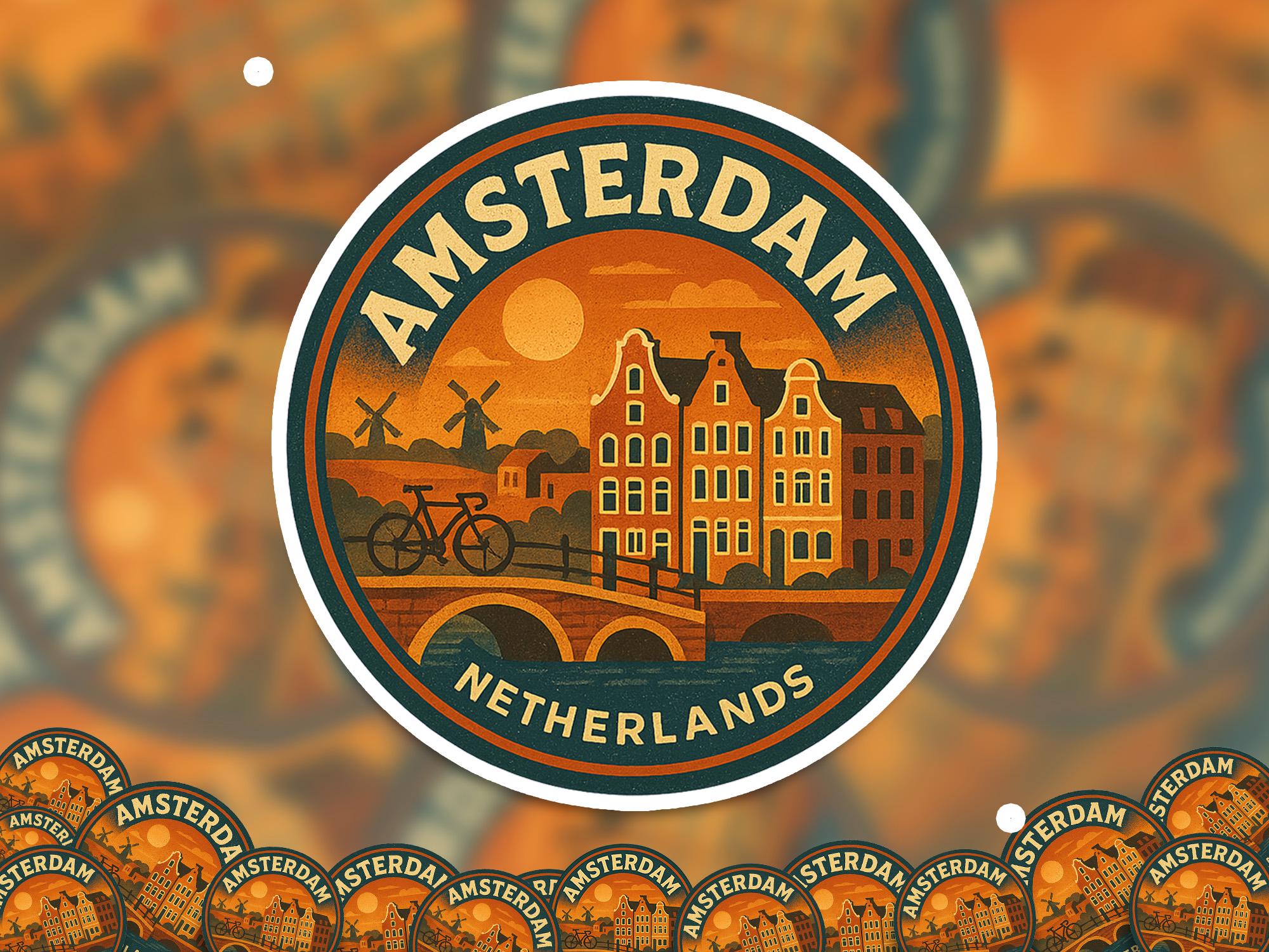 Amsterdam Netherlands Sticker, Kiss-Cut Vinyl, Waterproof Decal, Retro Travel Lover Collection