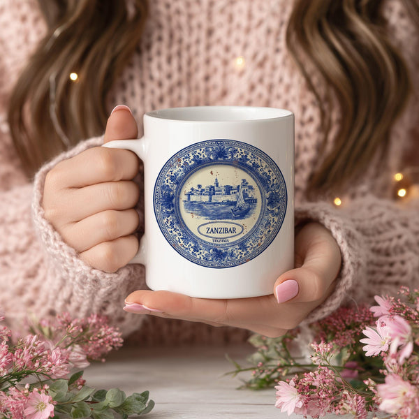 Zanzibar Tanzania Mug, Custom Delft Style cup, Personalized Vintage Travel City Gift