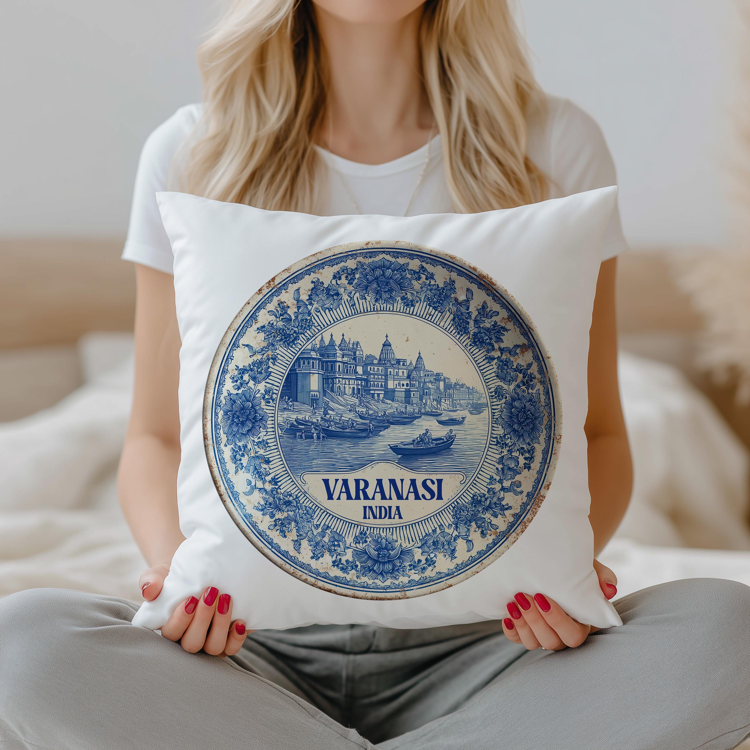 Varanasi India Pillowcase, Delft Style Decorative Throw Pillow, Vintage Cityscape Retro Home Decor