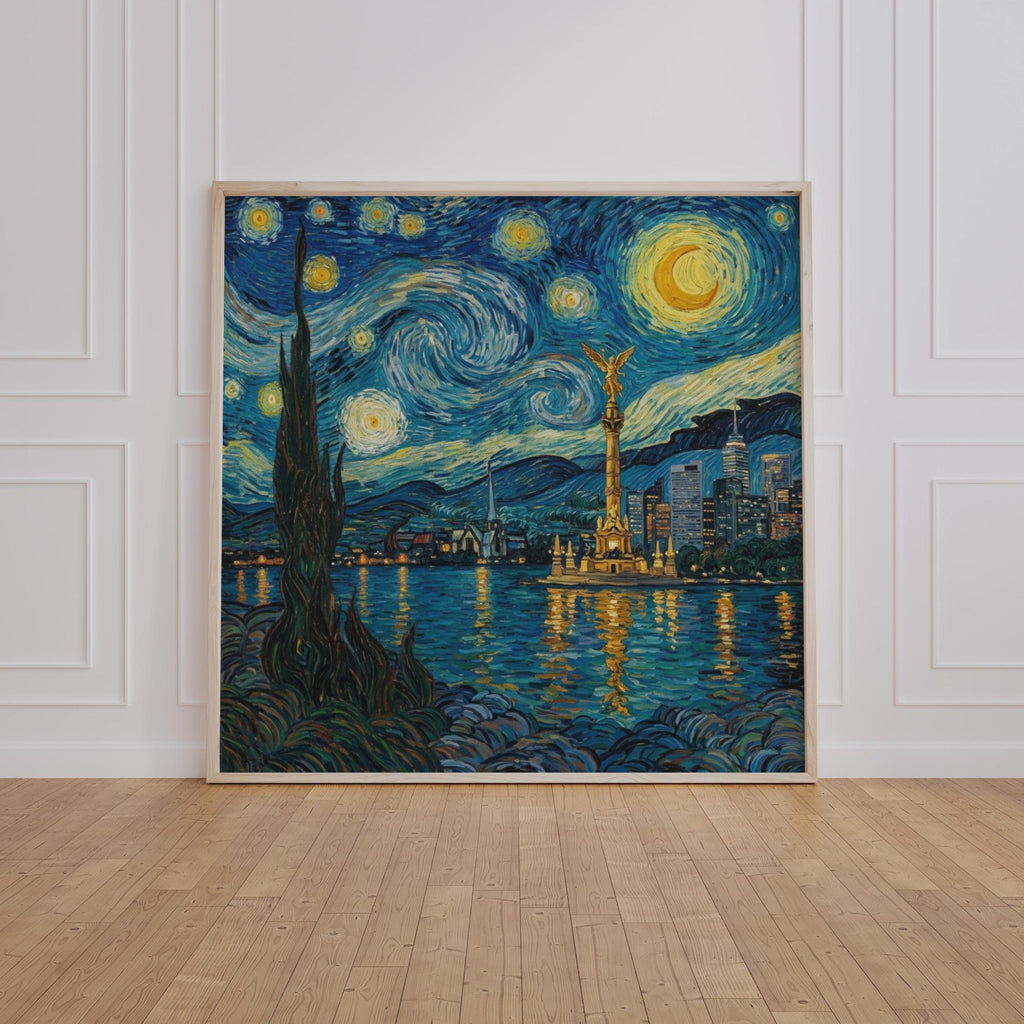 Mexico City Skyline Wall Art, Van Gogh Style Framed Canvas, Angel de la Independencia