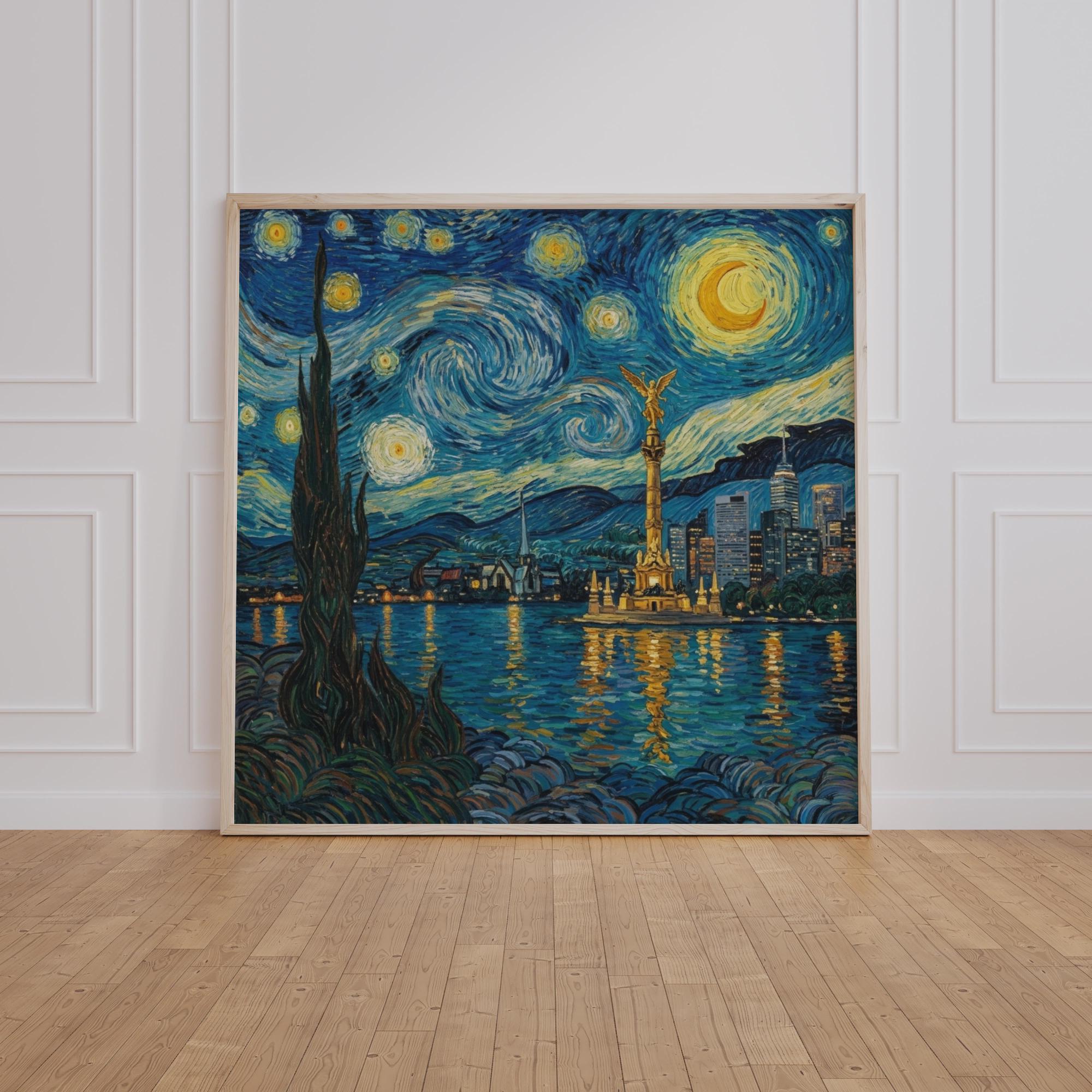 Mexico City Skyline Wall Art, Van Gogh Style Framed Canvas, Angel de la Independencia