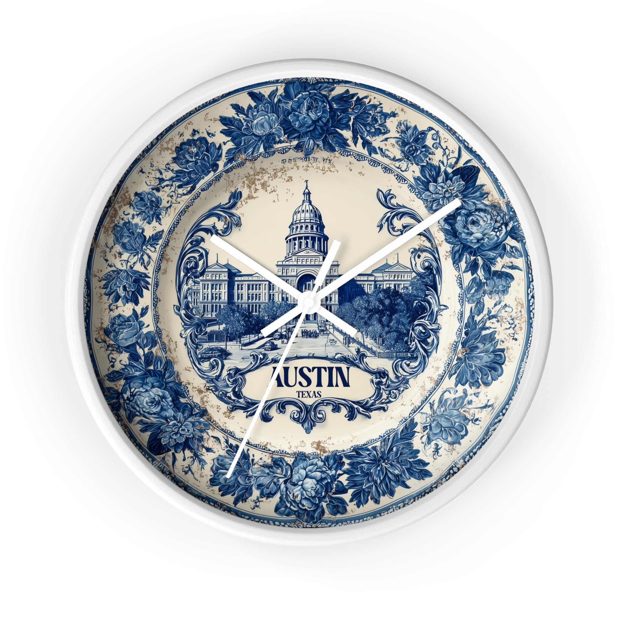 Austin Texas Wall Clock, Delf style Home Decor, Vintage City Travel Keepsake Art