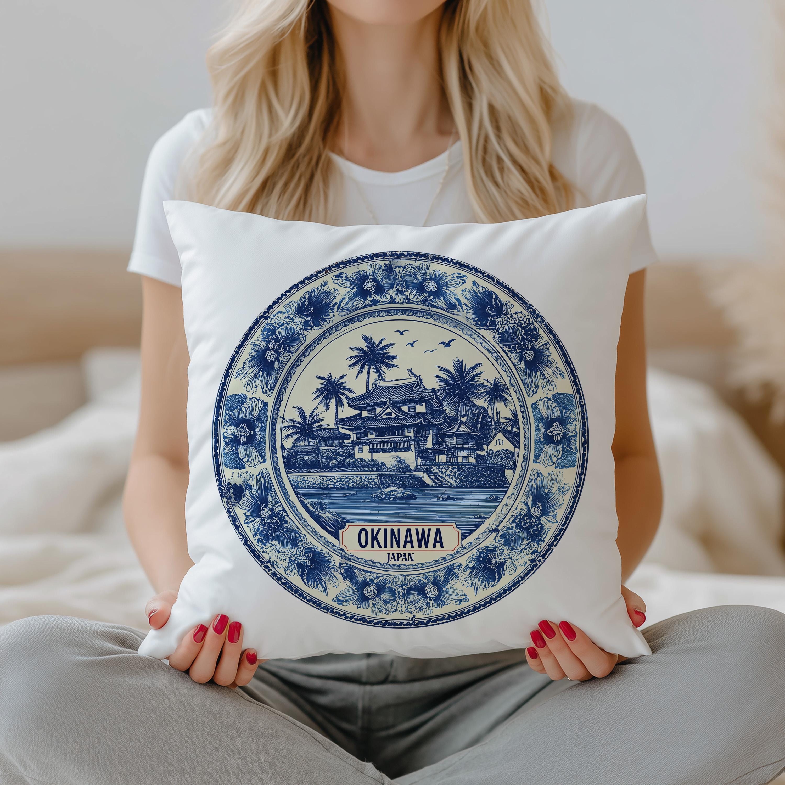 Okinawa Japan Pillowcase, Delft Style Decorative Throw Pillow, Vintage Cityscape Retro Home Decor