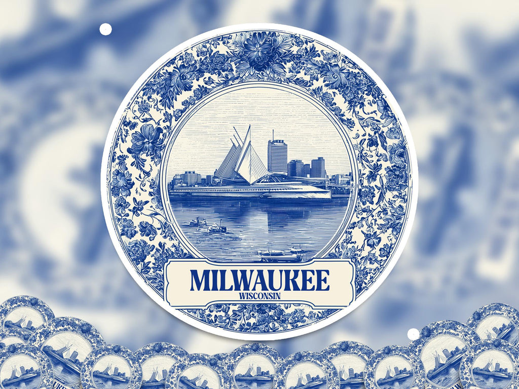 Milwaukee Wisconsin Sticker Vintage Delft style, Delftware Decal Waterproof Vinyl, Blue City Travel