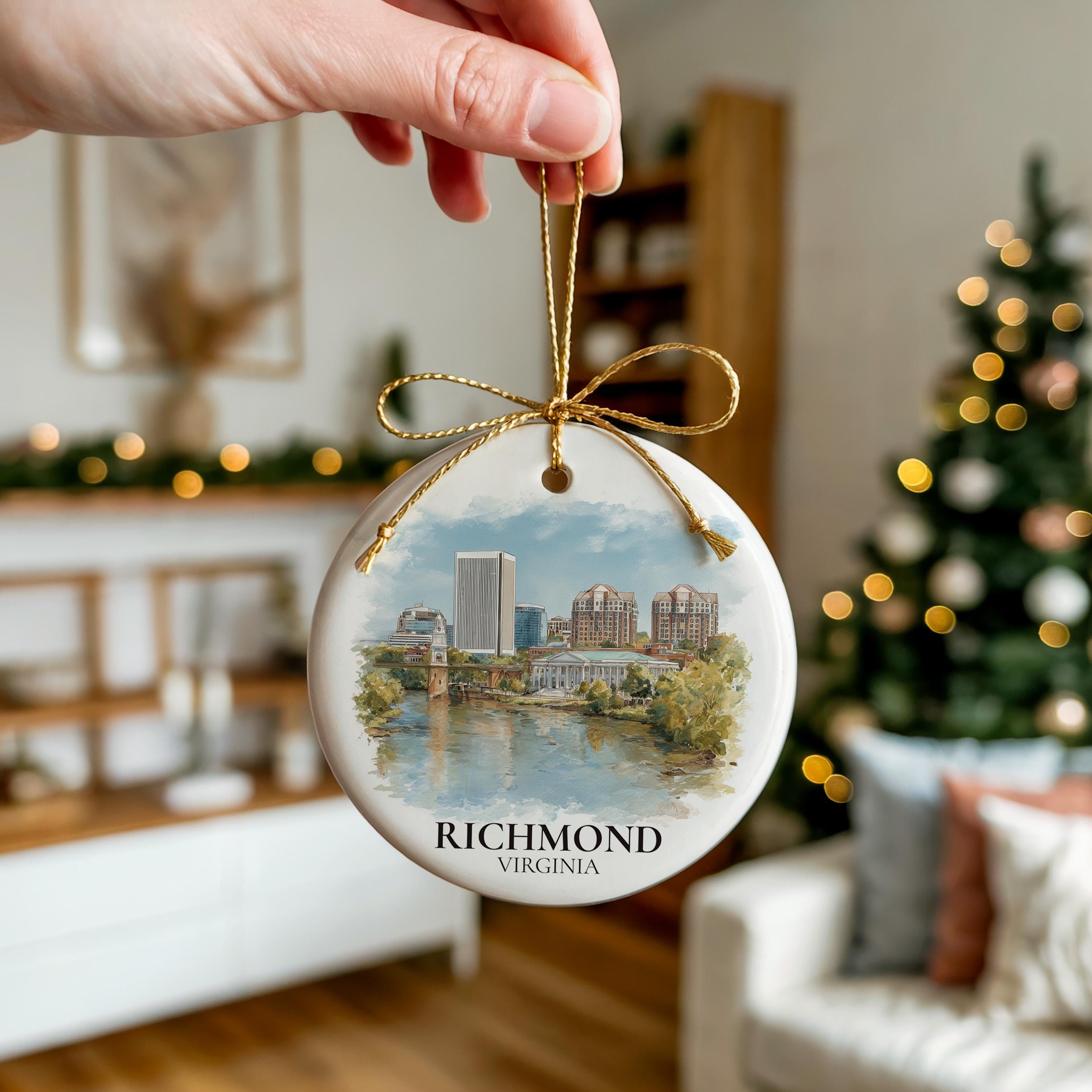 Richmond Virginia Personalized Watercolor Ornament, Custom Ceramic Christmas gift, Travel Keepsake