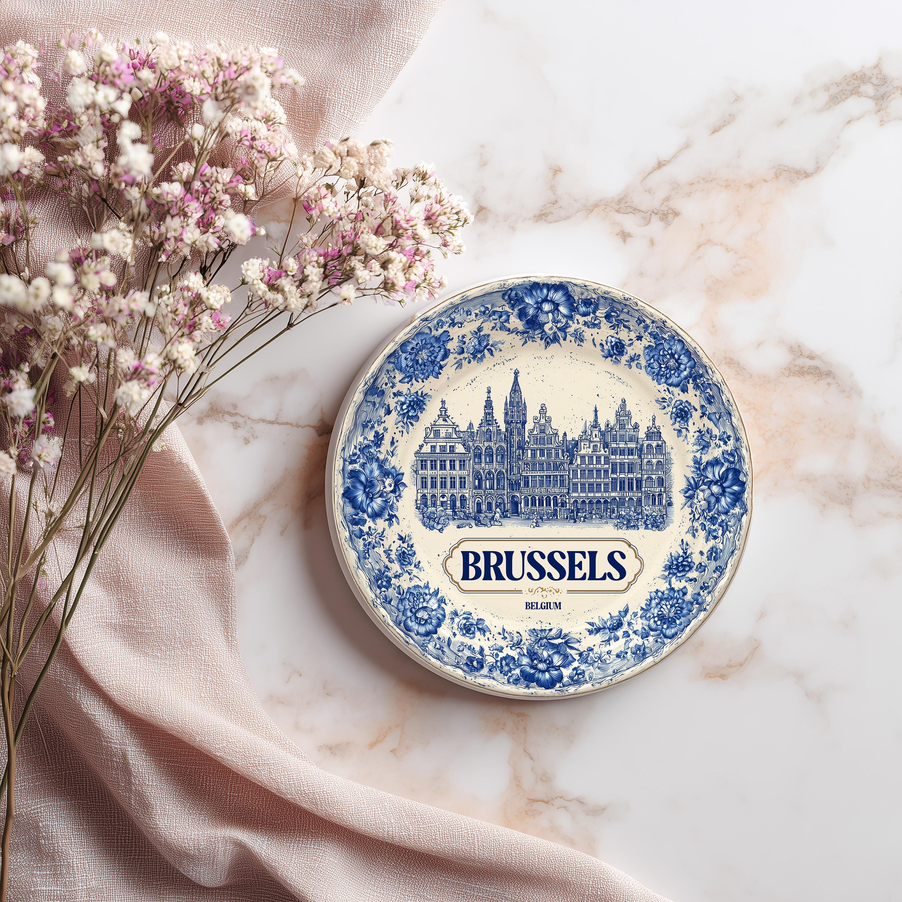 Brussels Belgium Delftware Ceramic Coaster, Blue White Travel Gift, Vintage Home Decor Collectible