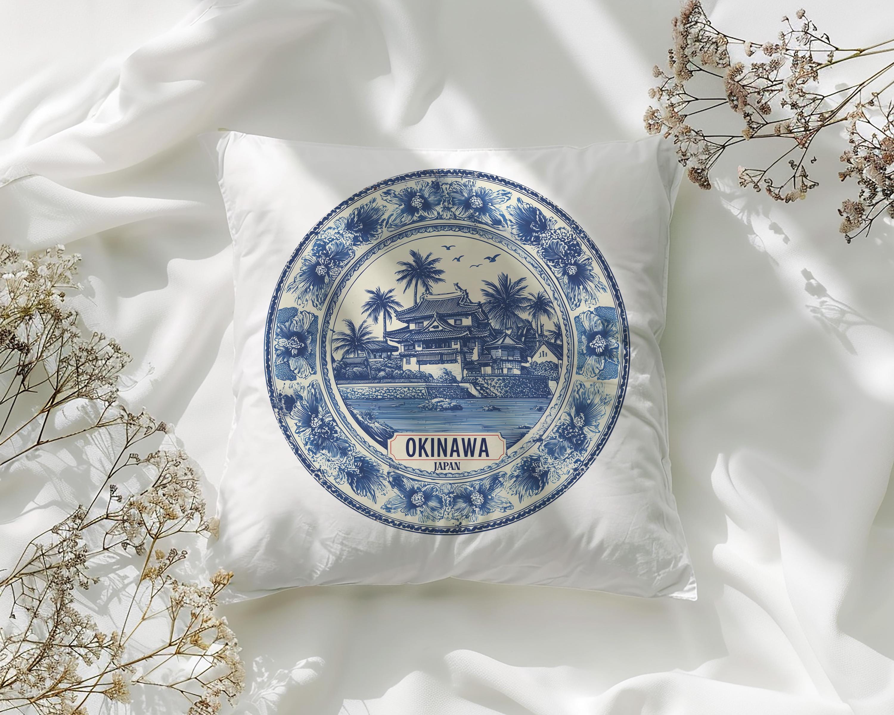 Okinawa Japan Pillowcase, Delft Style Decorative Throw Pillow, Vintage Cityscape Retro Home Decor