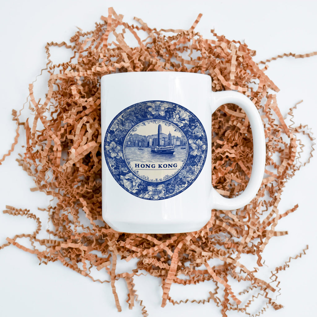 Hong Kong Mug, Custom Delft Style cup, Personalized Vintage Travel City Gift