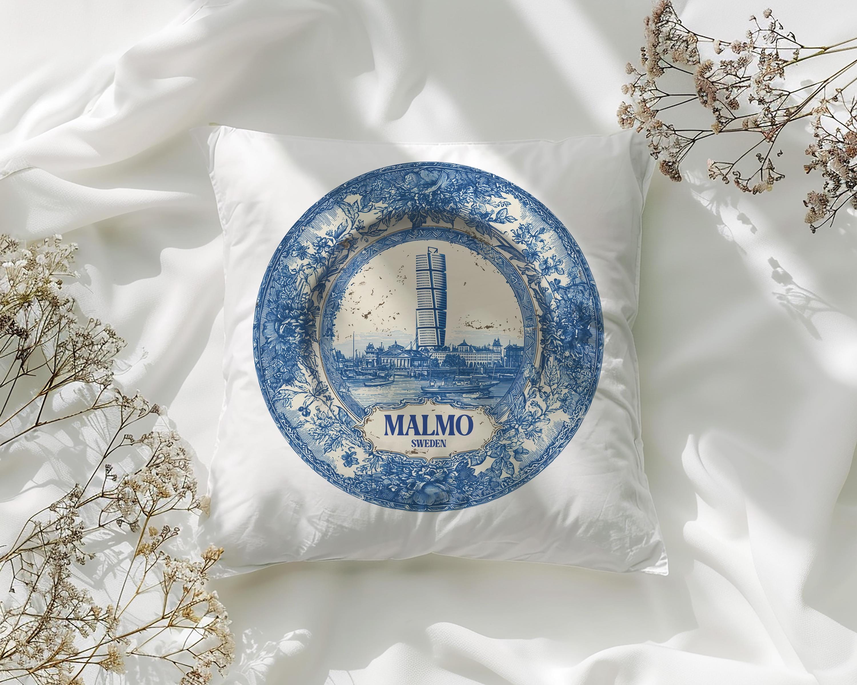 Malmo Sweden Pillowcase, Delft Style Decorative Throw Pillow, Vintage Cityscape Retro Home Decor