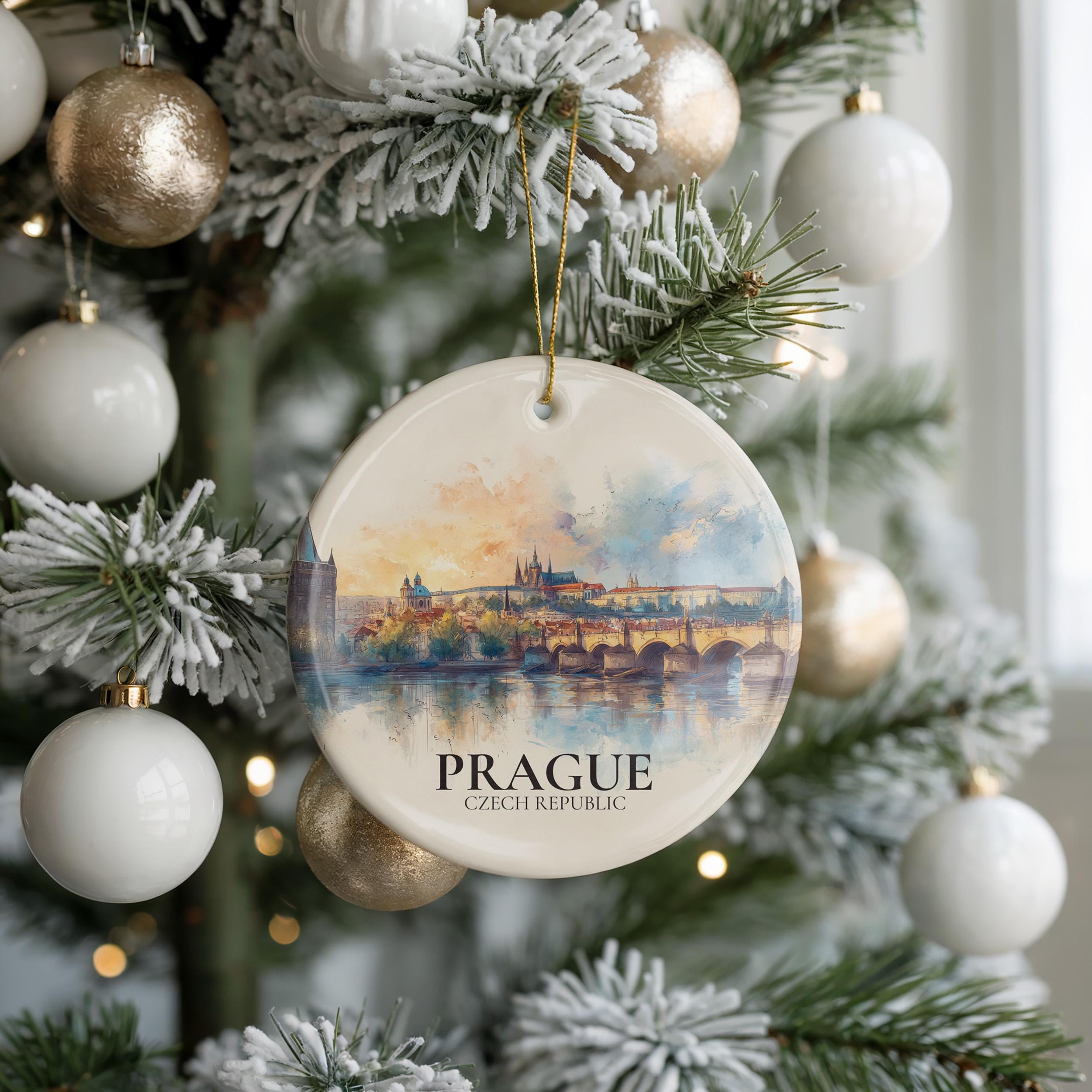 Prague Czech Republic Custom Watercolor Ornament, Personalized Ceramic Christmas gift, Travel Keepsake