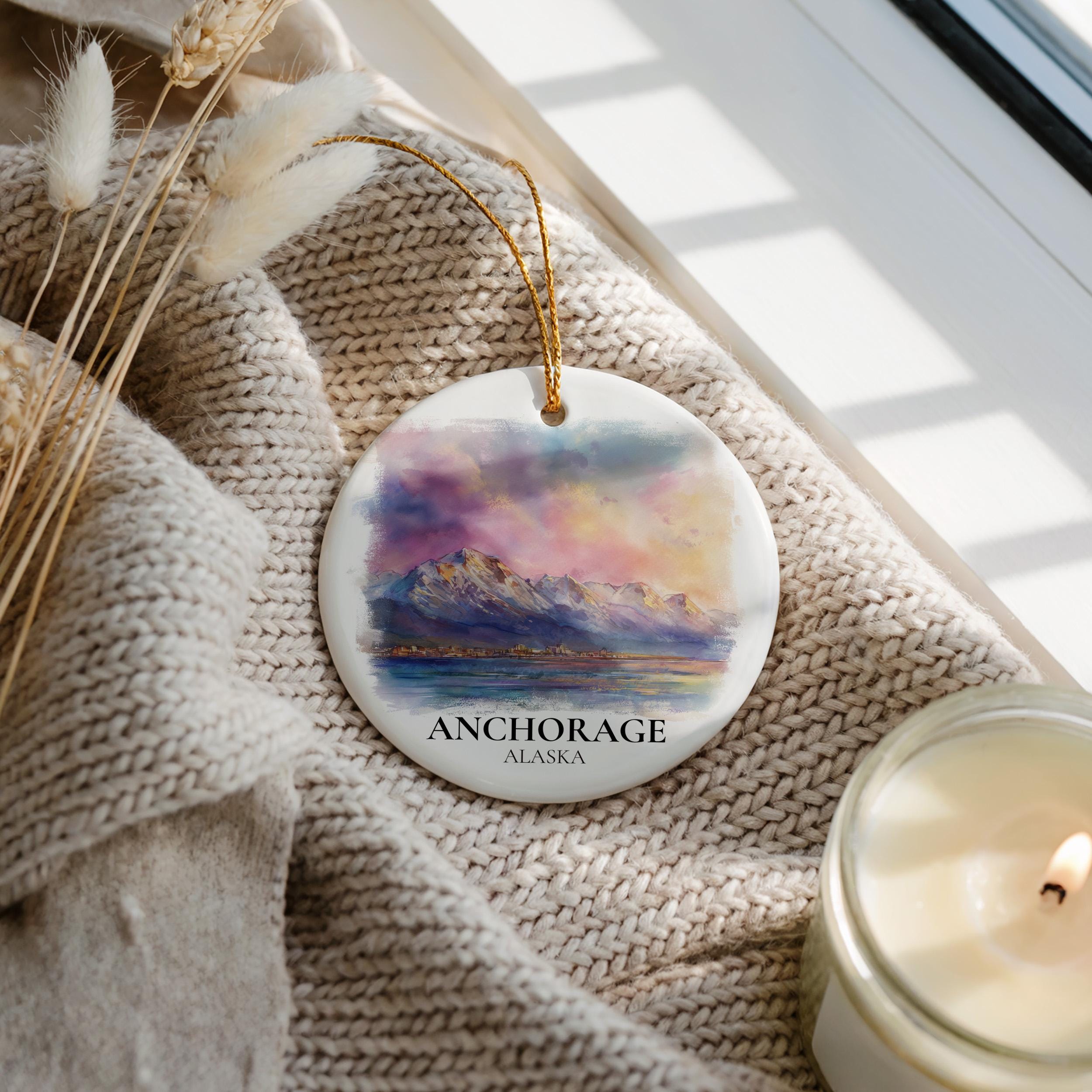 Anchorage Alaska Personalized Watercolor Ornament, Custom Ceramic Christmas gift, Travel Keepsake