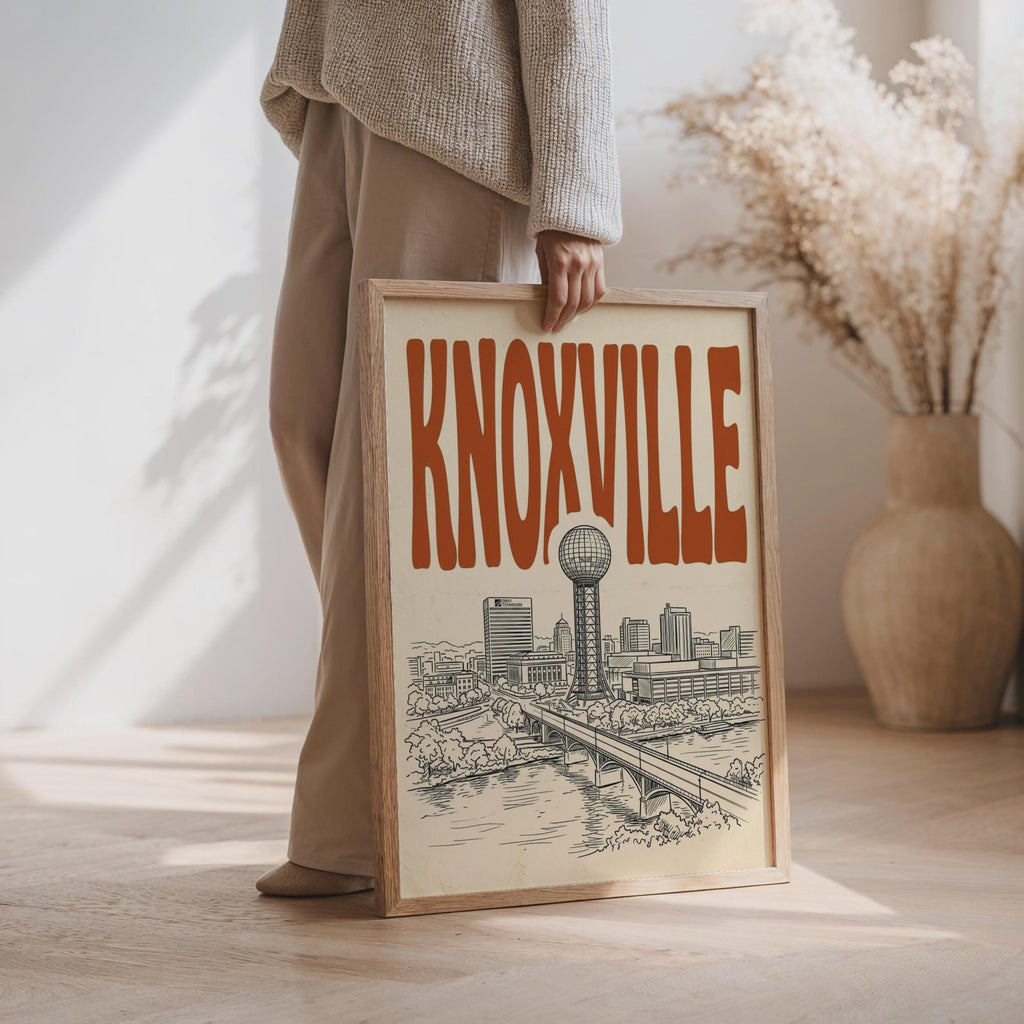 Knoxville Tennessee Skyline Wall Art, Framed Canvas Print, Retro City Decor