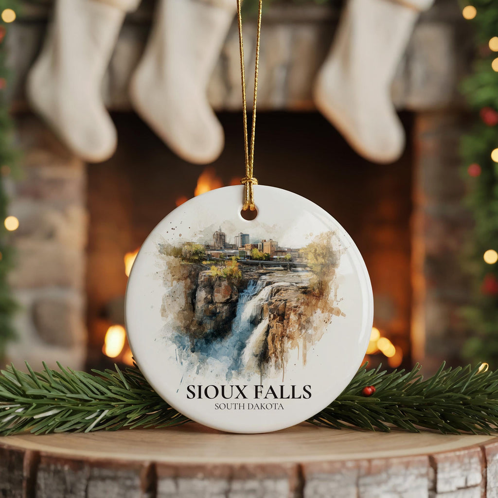 Sioux Falls South Dakota Personalized Watercolor Ornament, Custom Ceramic Christmas gift, Travel Keepsake
