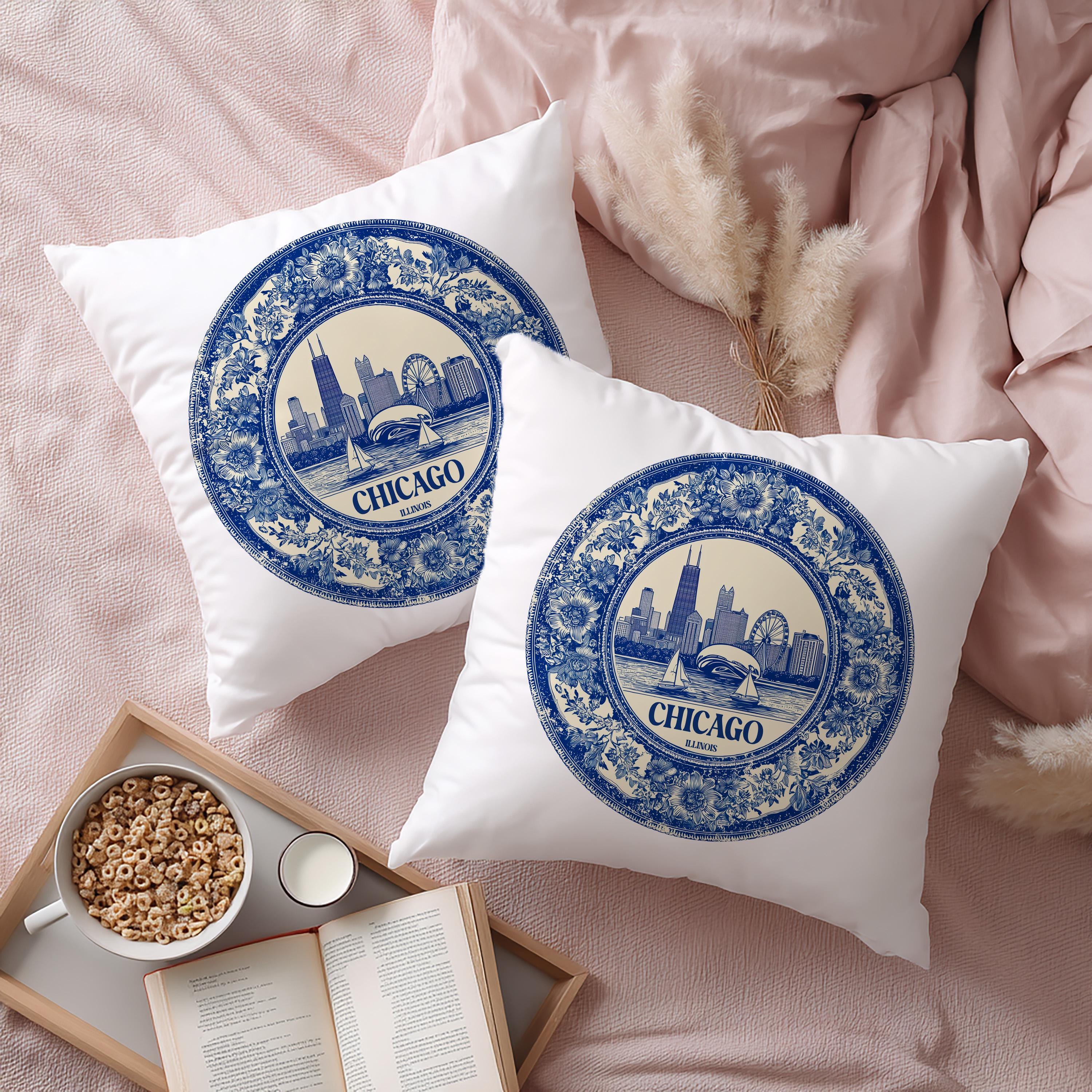 Chicago Illinois Pillowcase, Delft Style Decorative Throw Pillow, Vintage Cityscape Retro Home Decor