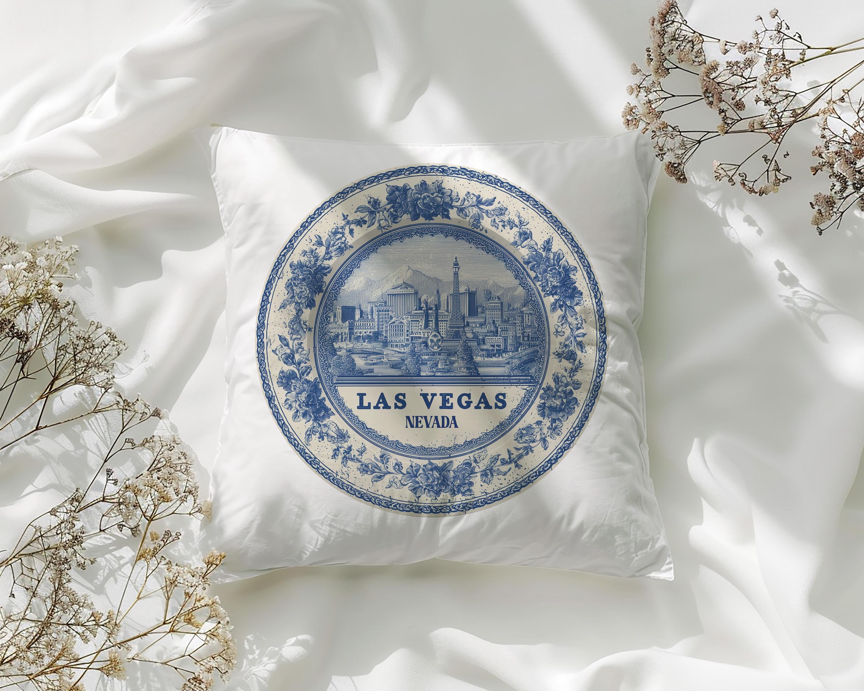Las Vegas Nevada Pillowcase, Delft Style Decorative Throw Pillow, Vintage Cityscape Retro Home Decor