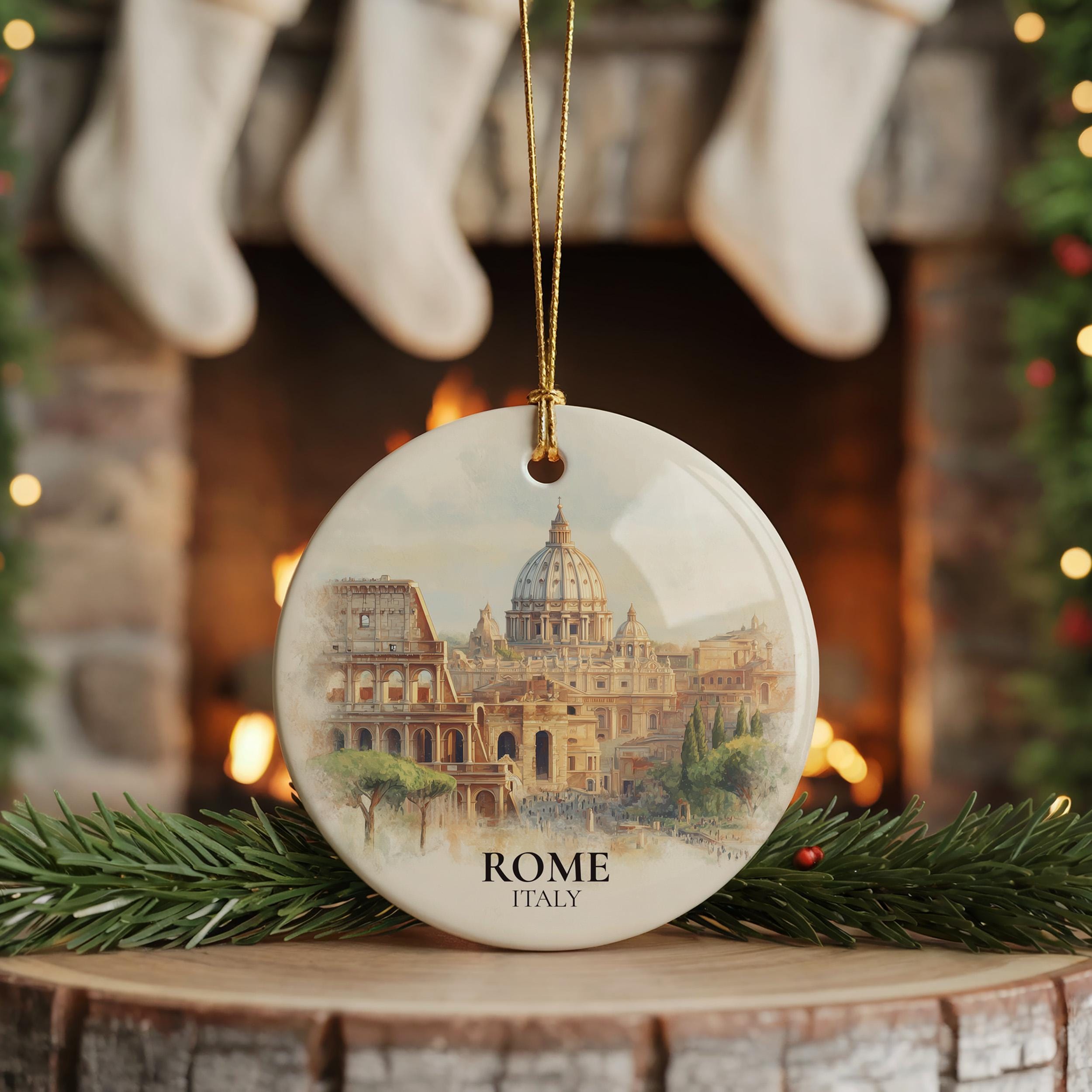 Rome Italy Personalized Watercolor Ornament, Custom Ceramic Christmas gift, Travel Keepsake