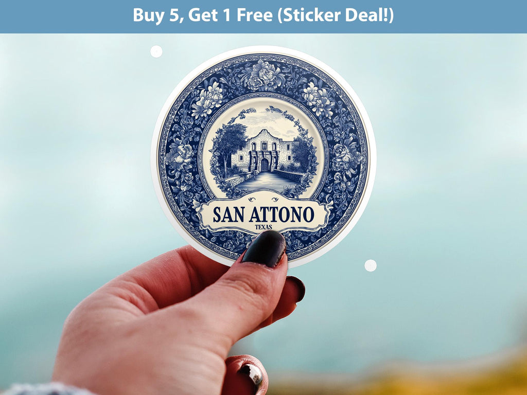 San Antonio Texas Sticker Vintage Delft style, Delftware Decal Waterproof Vinyl, Blue City Travel