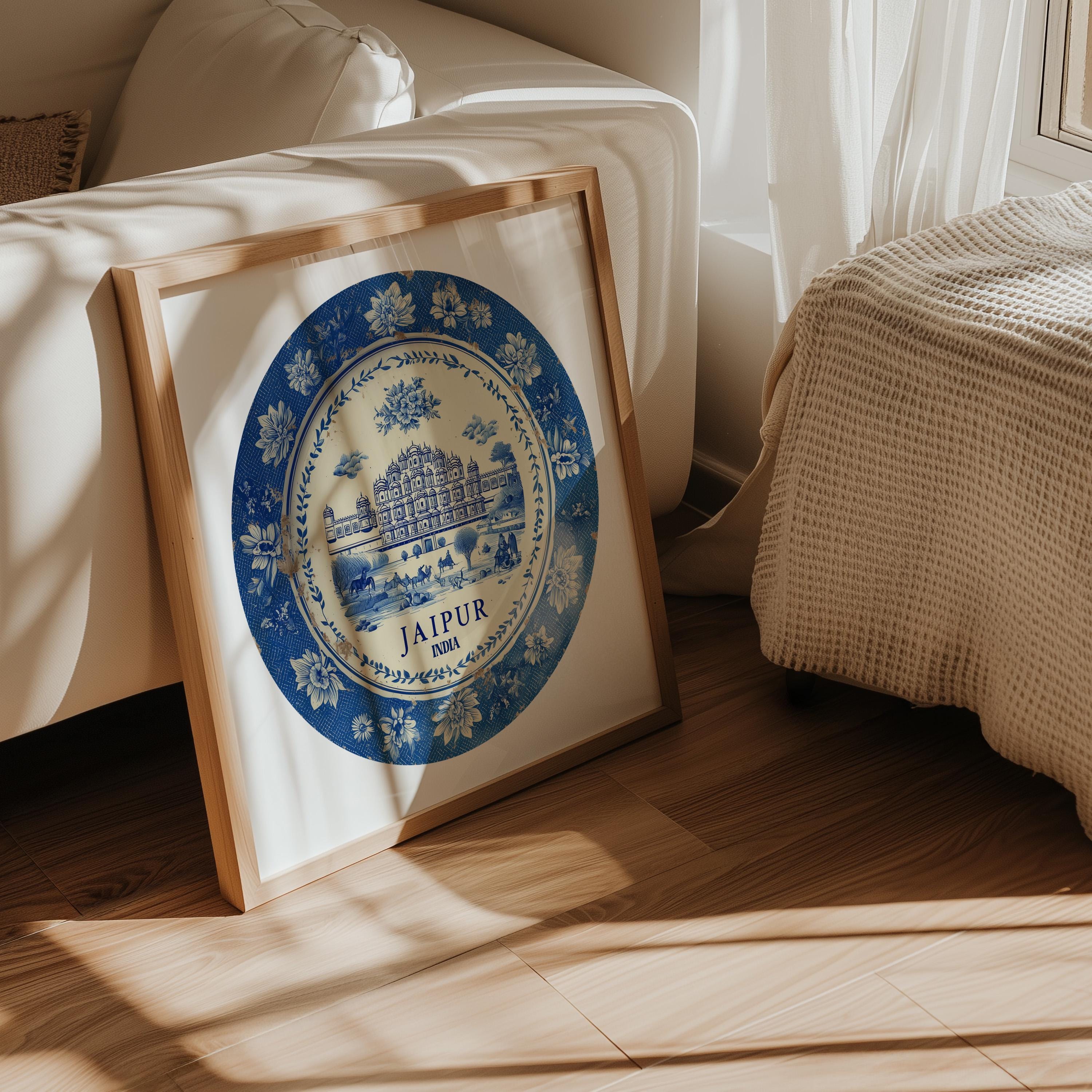 Jaipur India Wall Art, Vintage Delft Blue Poster, City Print, Travel Home Decor