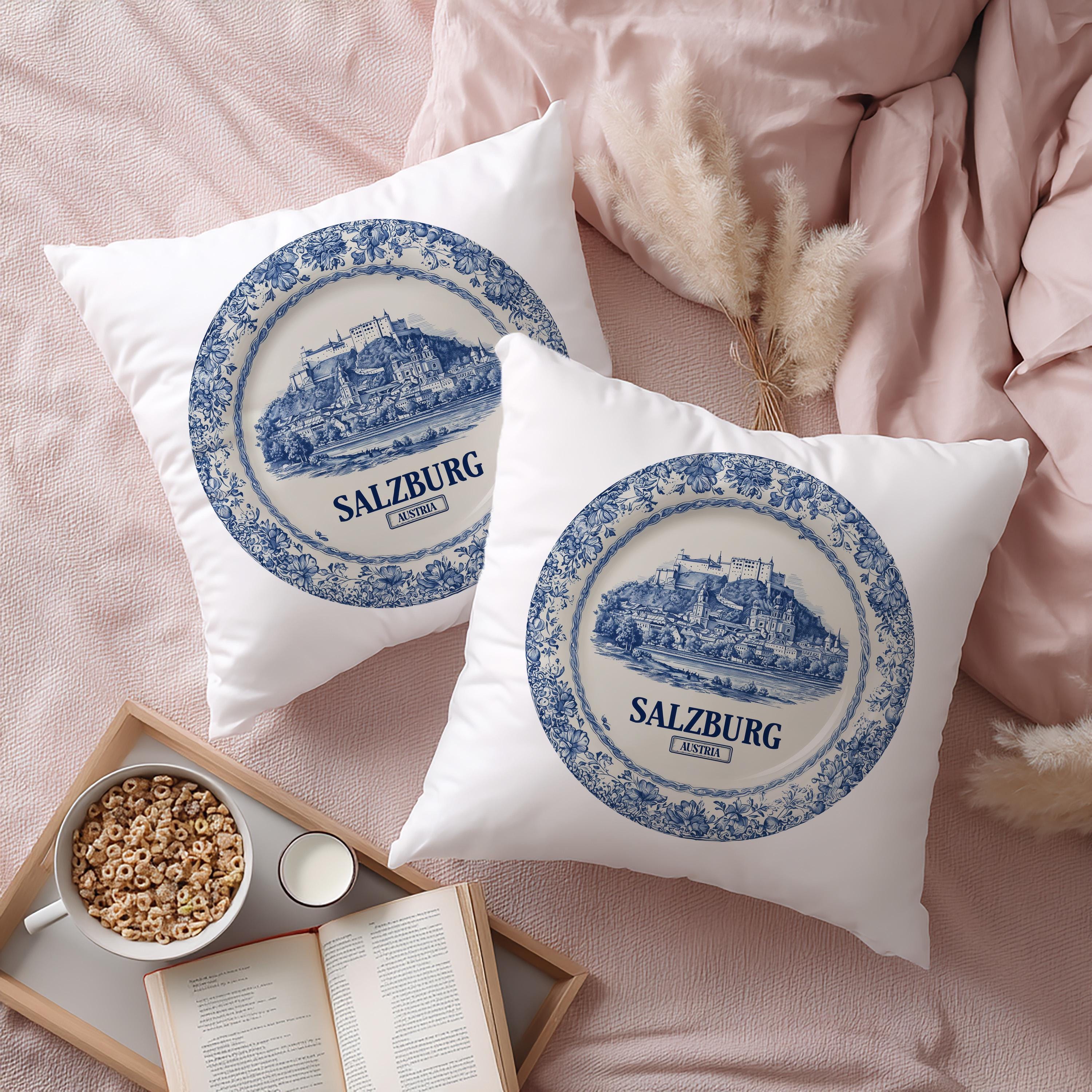 Salzburg Austria Pillowcase, Delft Style Decorative Throw Pillow, Vintage Cityscape Retro Home Decor
