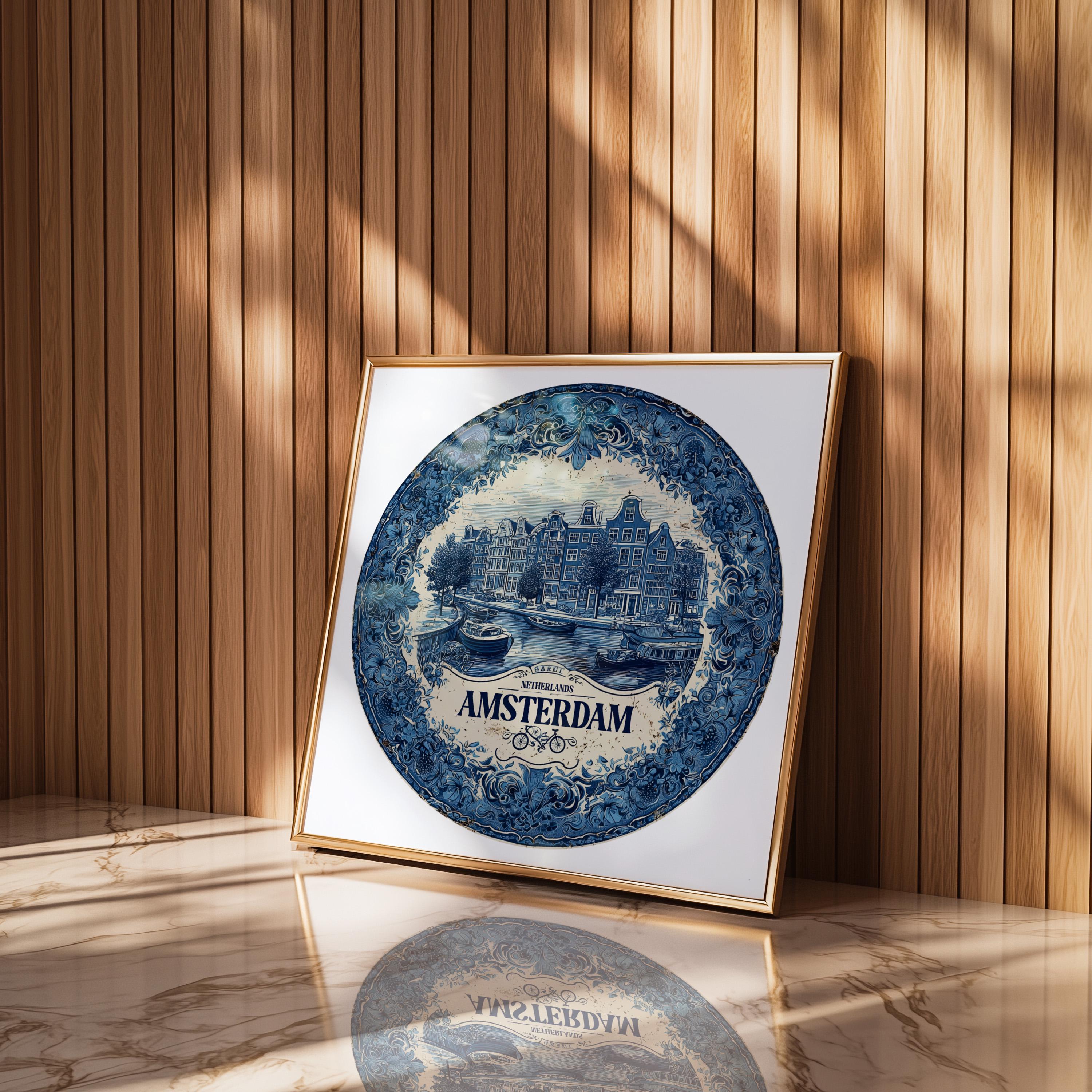 Amsterdam Netherlands Wall Art, Vintage Delft Blue Poster, City Print, Travel Home Decor