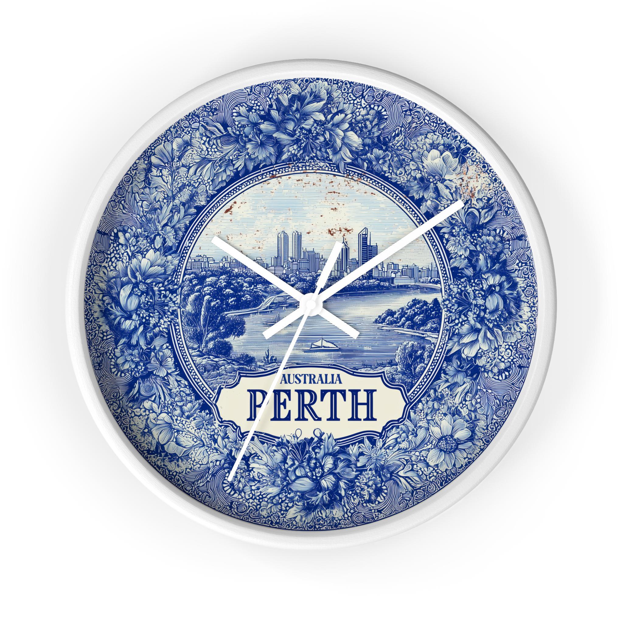Perth Australia Wall Clock, Delf style Home Decor, Vintage City Travel Keepsake Art