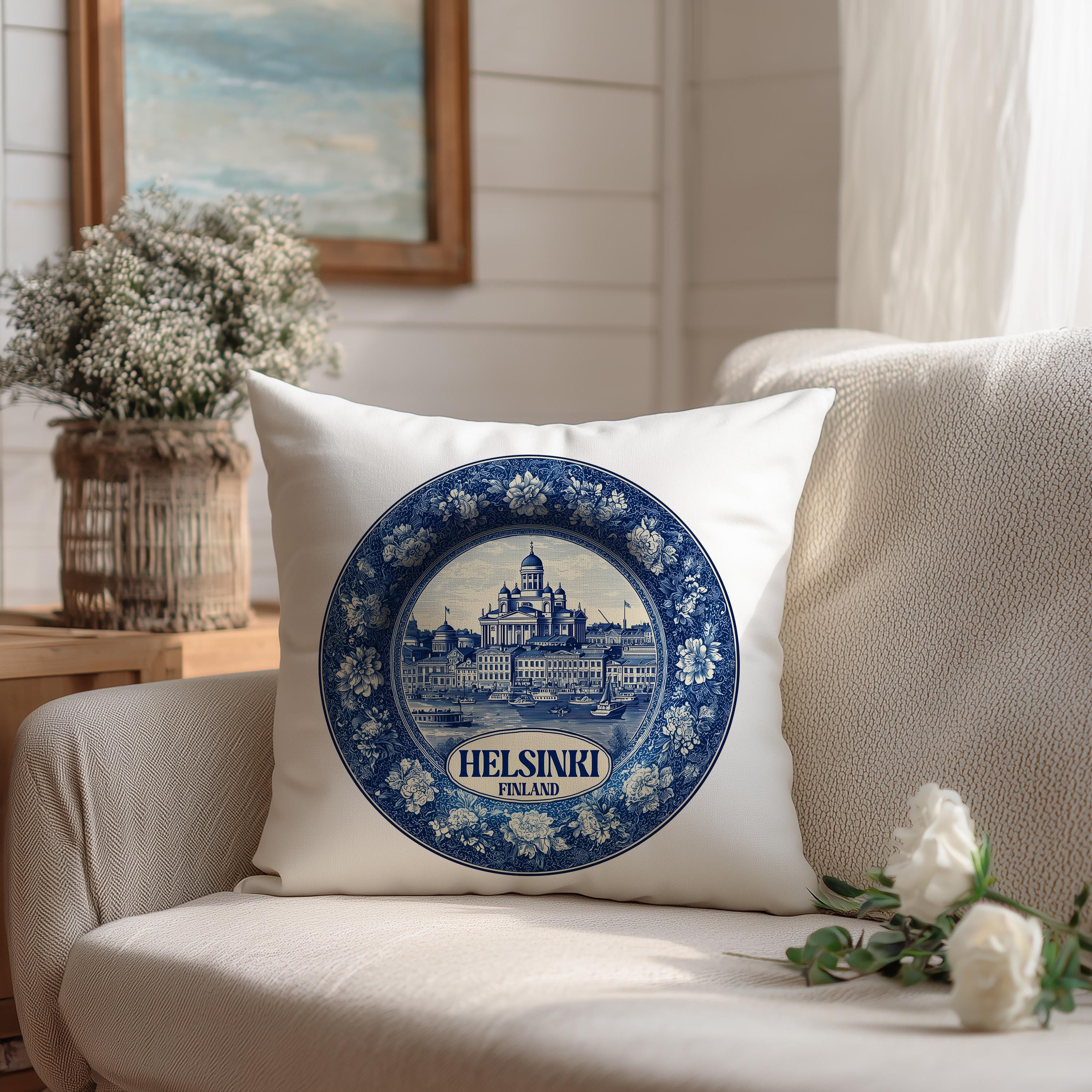 Helsinki Finland Pillowcase, Delft Style Decorative Throw Pillow, Vintage Cityscape Retro Home Decor