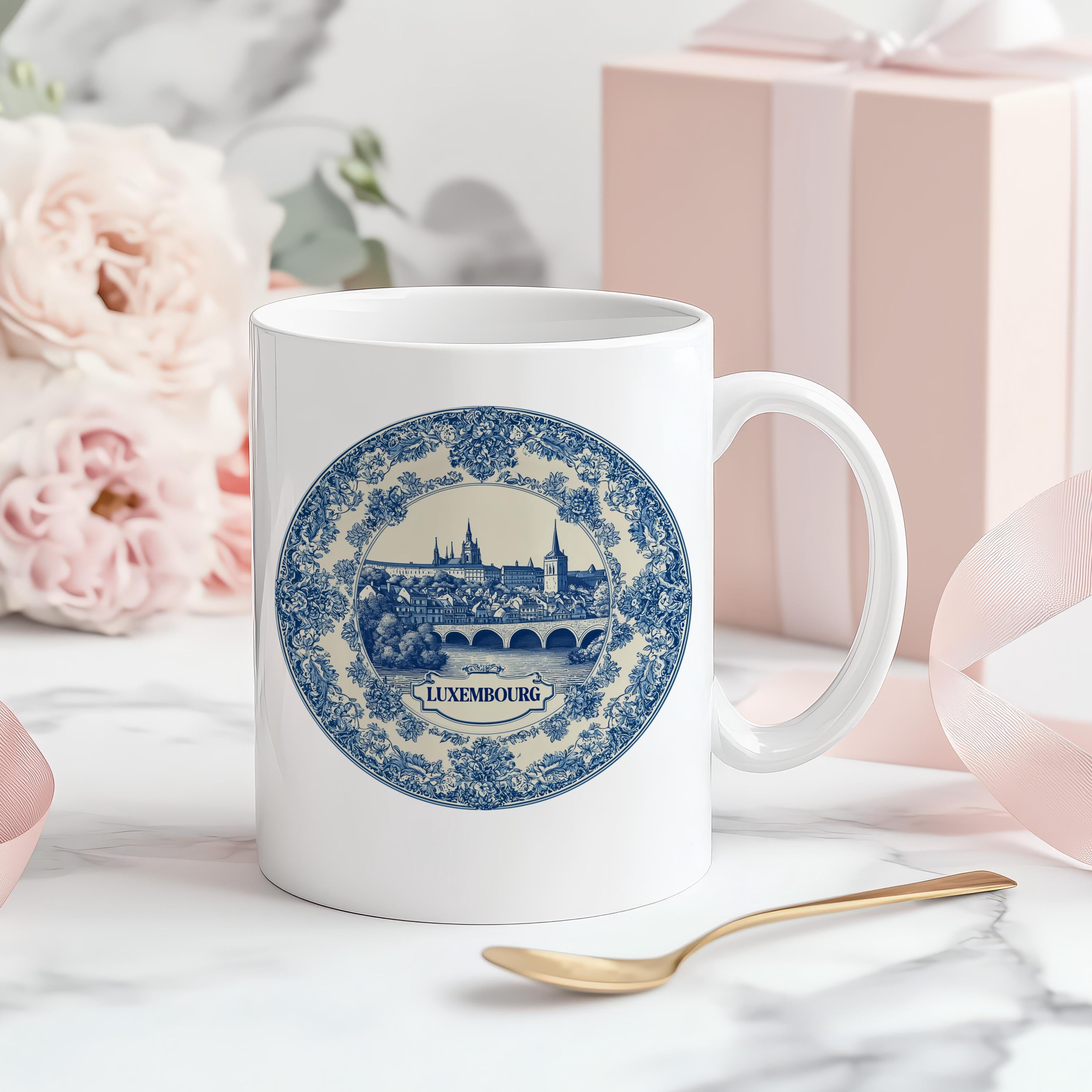 Luxembourg Mug, Custom Delft Style cup, Personalized Vintage Travel City Gift