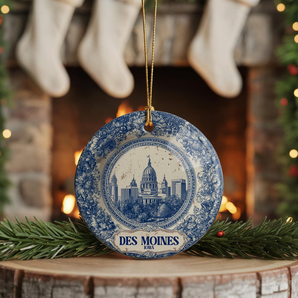 Custom Des Moines Iowa Ceramic Delft Ornament, Christmas Delftware Blue Delftware city travel