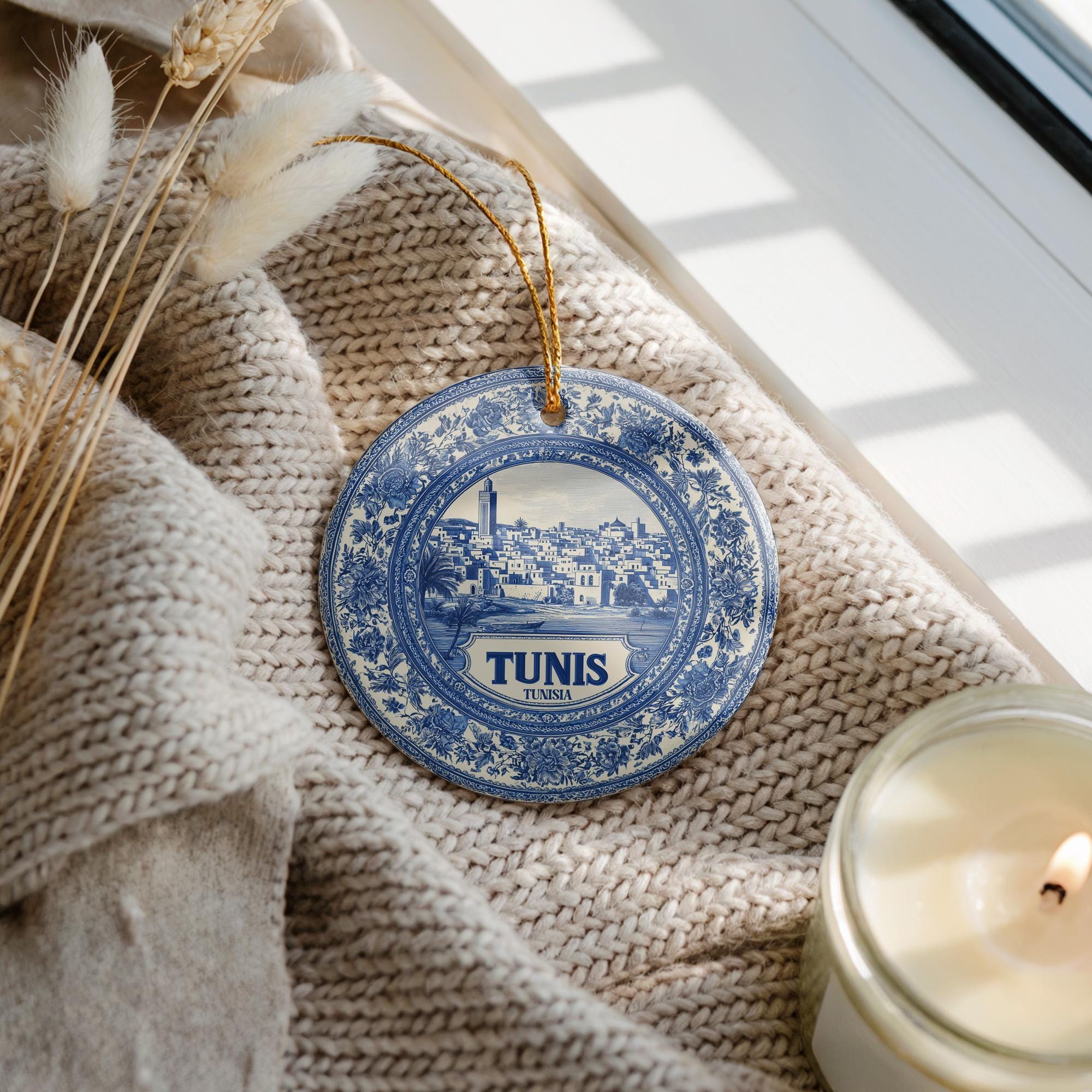 Custom Tunis Tunisia Ceramic Delft Ornament, Christmas Delftware Blue Delftware city travel