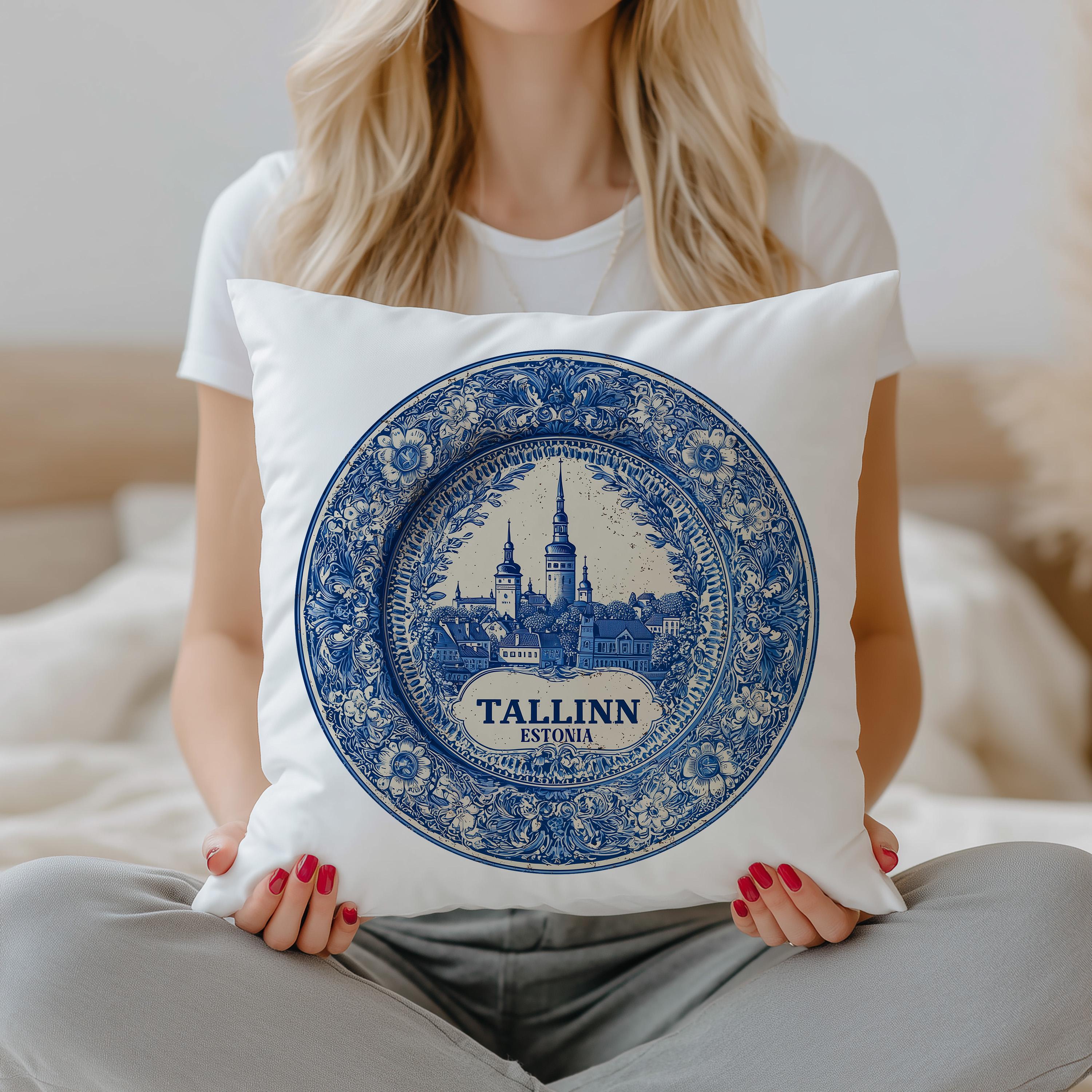 Tallinn Estonia Pillowcase, Delft Style Decorative Throw Pillow, Vintage Cityscape Retro Home Decor