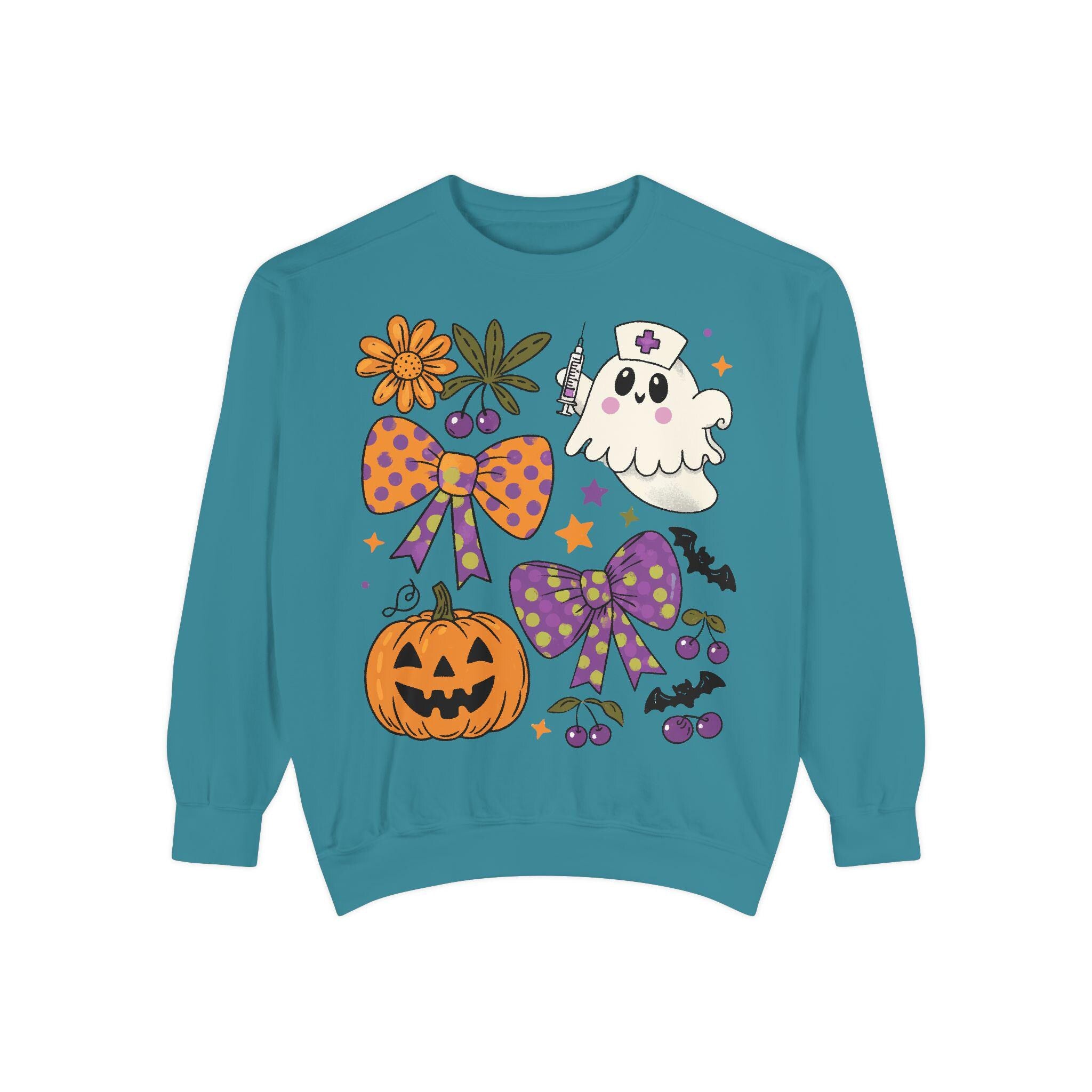 Halloween Nurse Ghost Sweatshirt, Retro Spooky Pumpkin Fall Crewneck, Cute Ghost Nurse Pullover with Flowers and Bows, Gift for RN