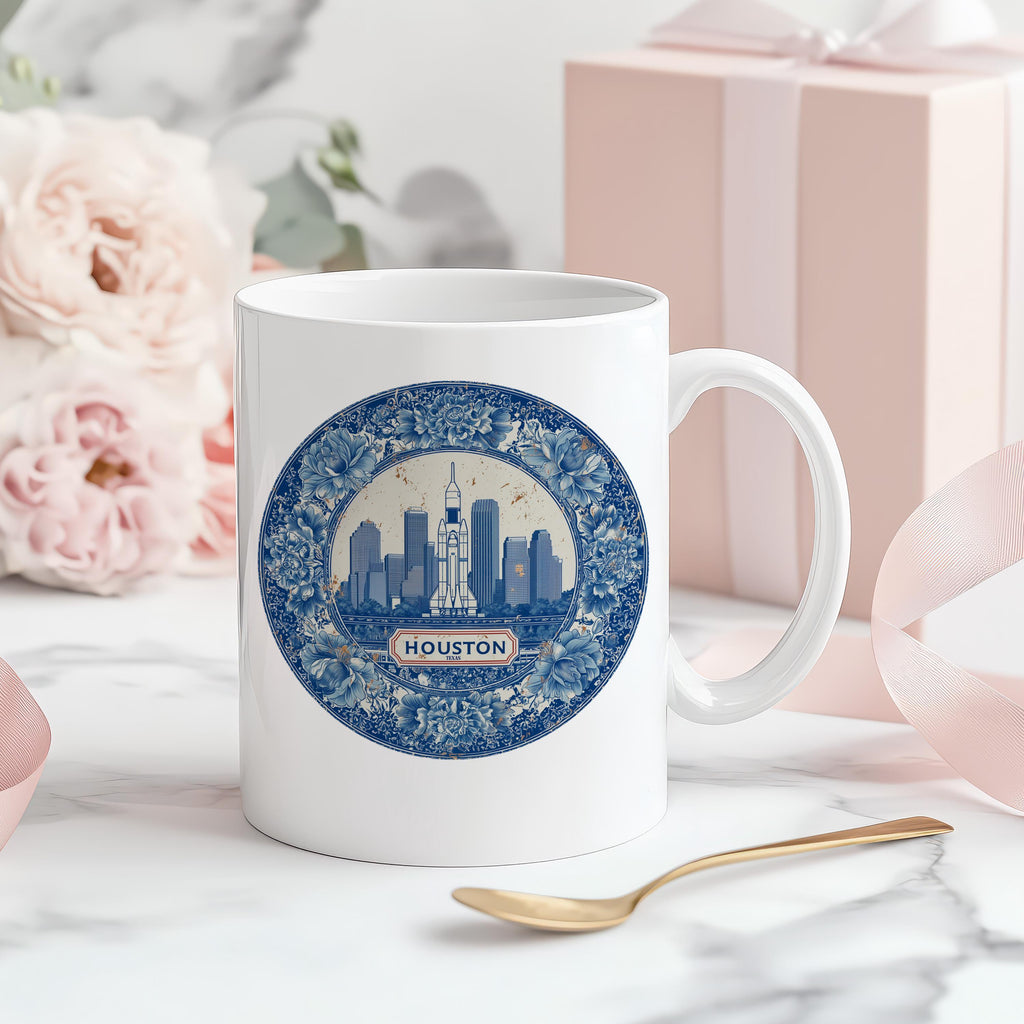 Houston Texas Mug, Custom Delft Style cup, Personalized Vintage Travel City Gift