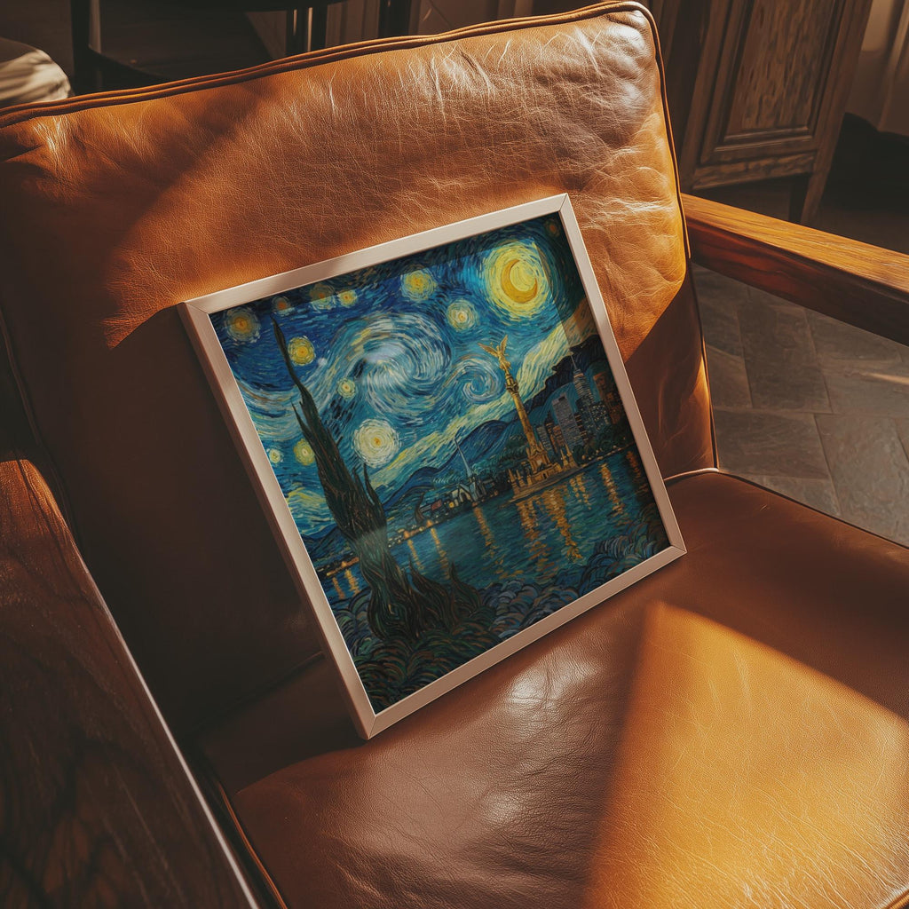 Mexico City Skyline Wall Art, Van Gogh Style Framed Canvas, Angel de la Independencia