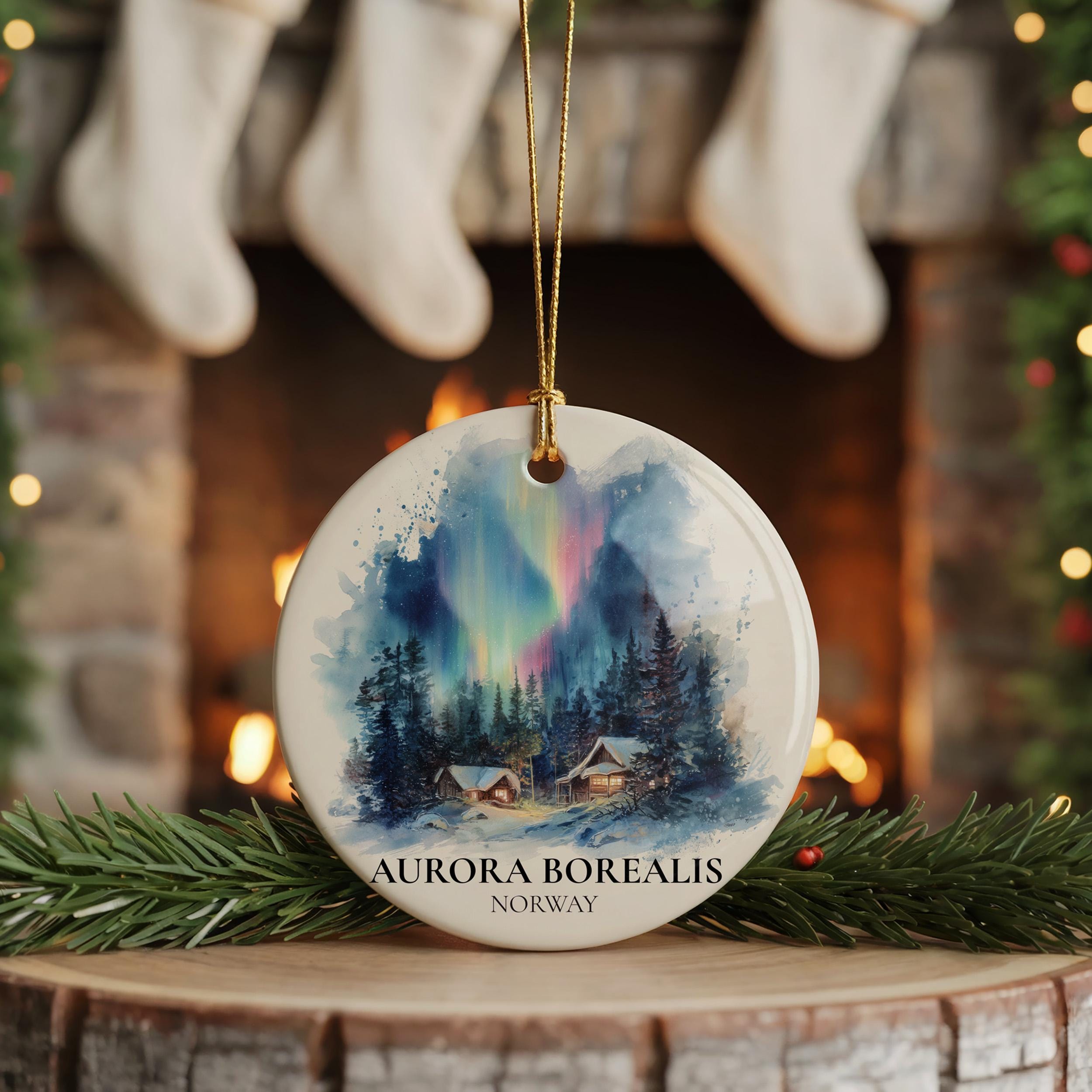 Aurora Borealis Norway Personalized Watercolor Ornament, Custom Ceramic Christmas gift, Travel Keepsake