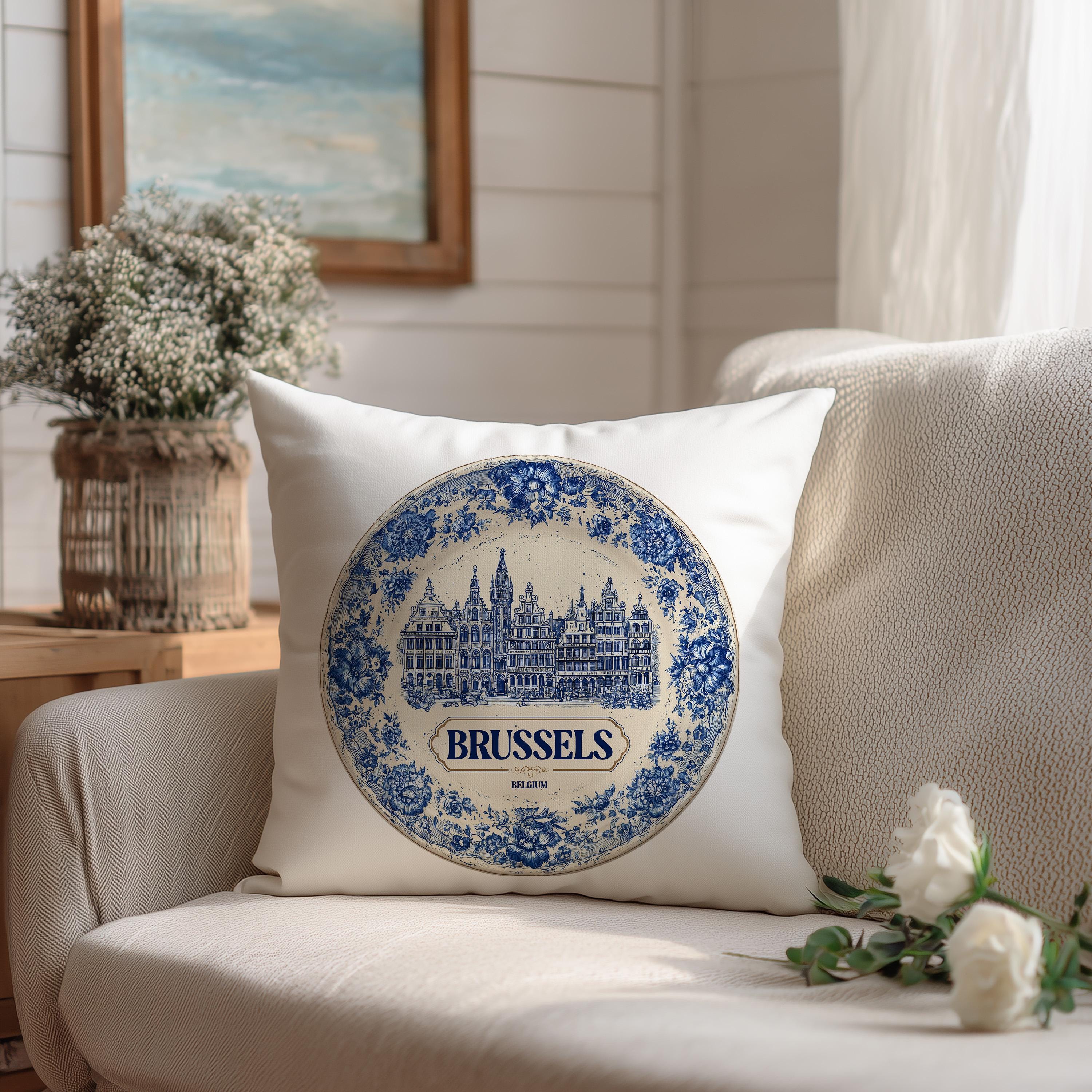 Brussels Belgium Pillowcase, Delft Style Decorative Throw Pillow, Vintage Cityscape Retro Home Decor