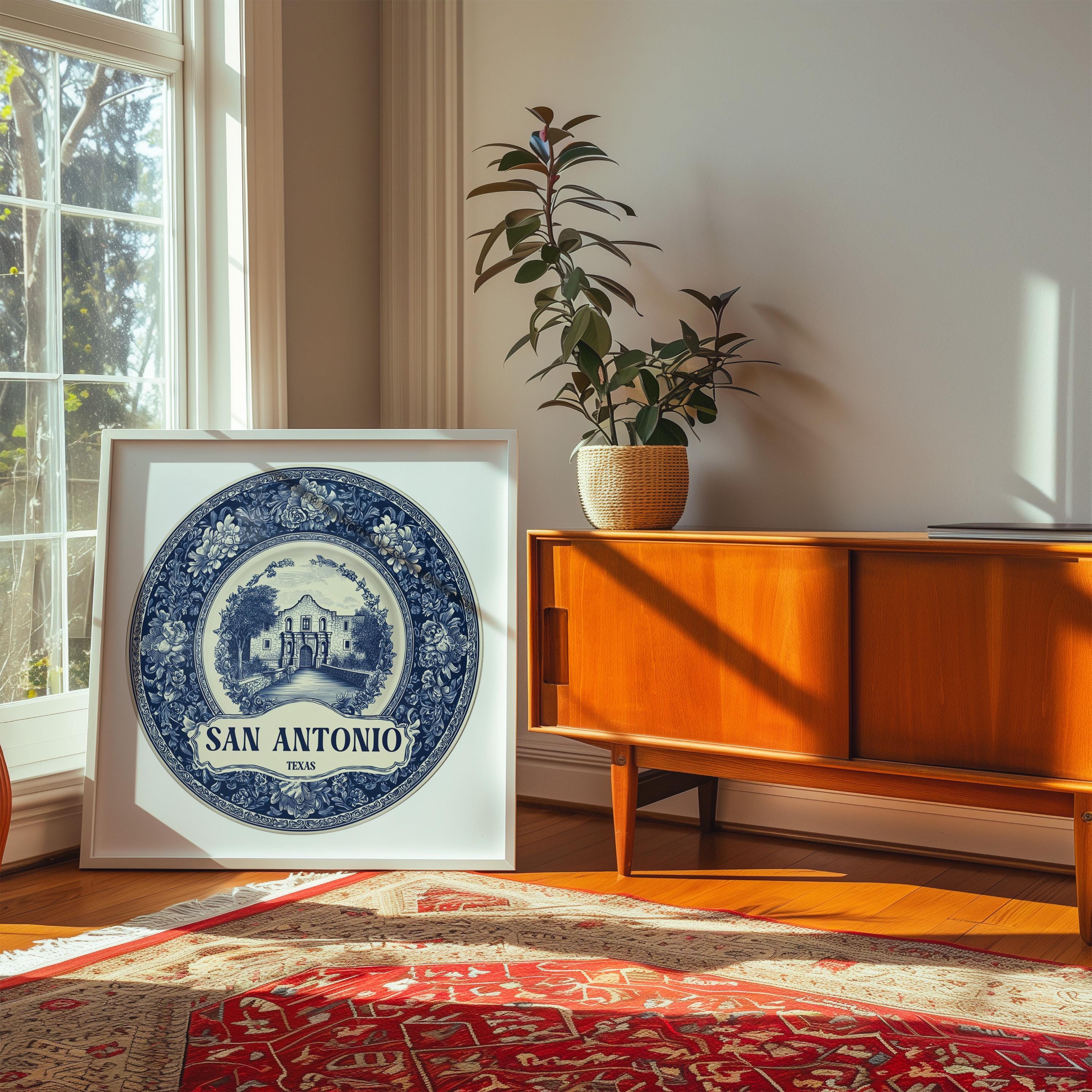 San Antonio Texas Wall Art, Vintage Delft Blue Poster, City Print, Travel Home Decor