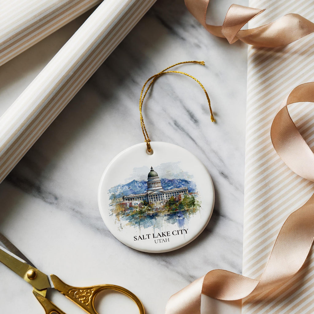 Salt Lake City Utah Personalized Watercolor Ornament, Custom Ceramic Christmas gift, Travel Keepsake